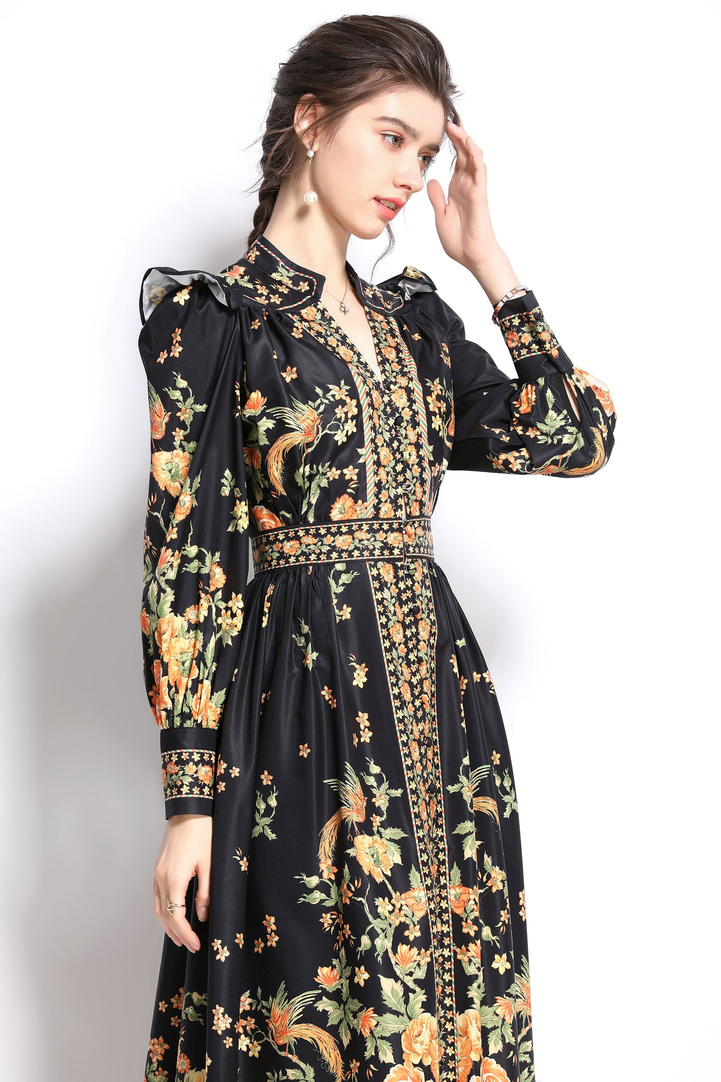Women's Vintage Floral Print V Neck Button Front Maxi Dress - LAI MENG FIVE CATS