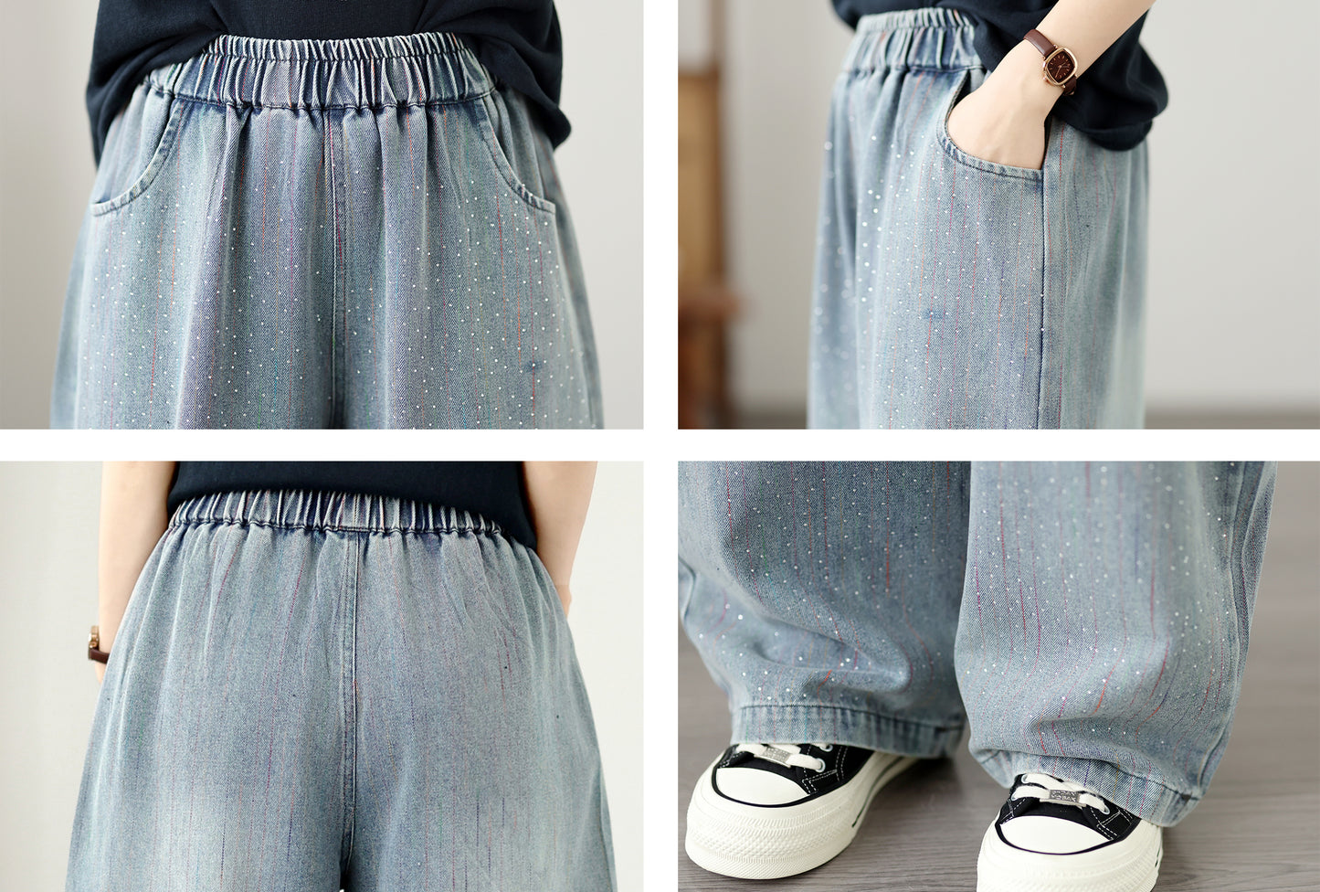 Women's Wide Leg Jeans Elastic Waist Casual Loose Curved Pants