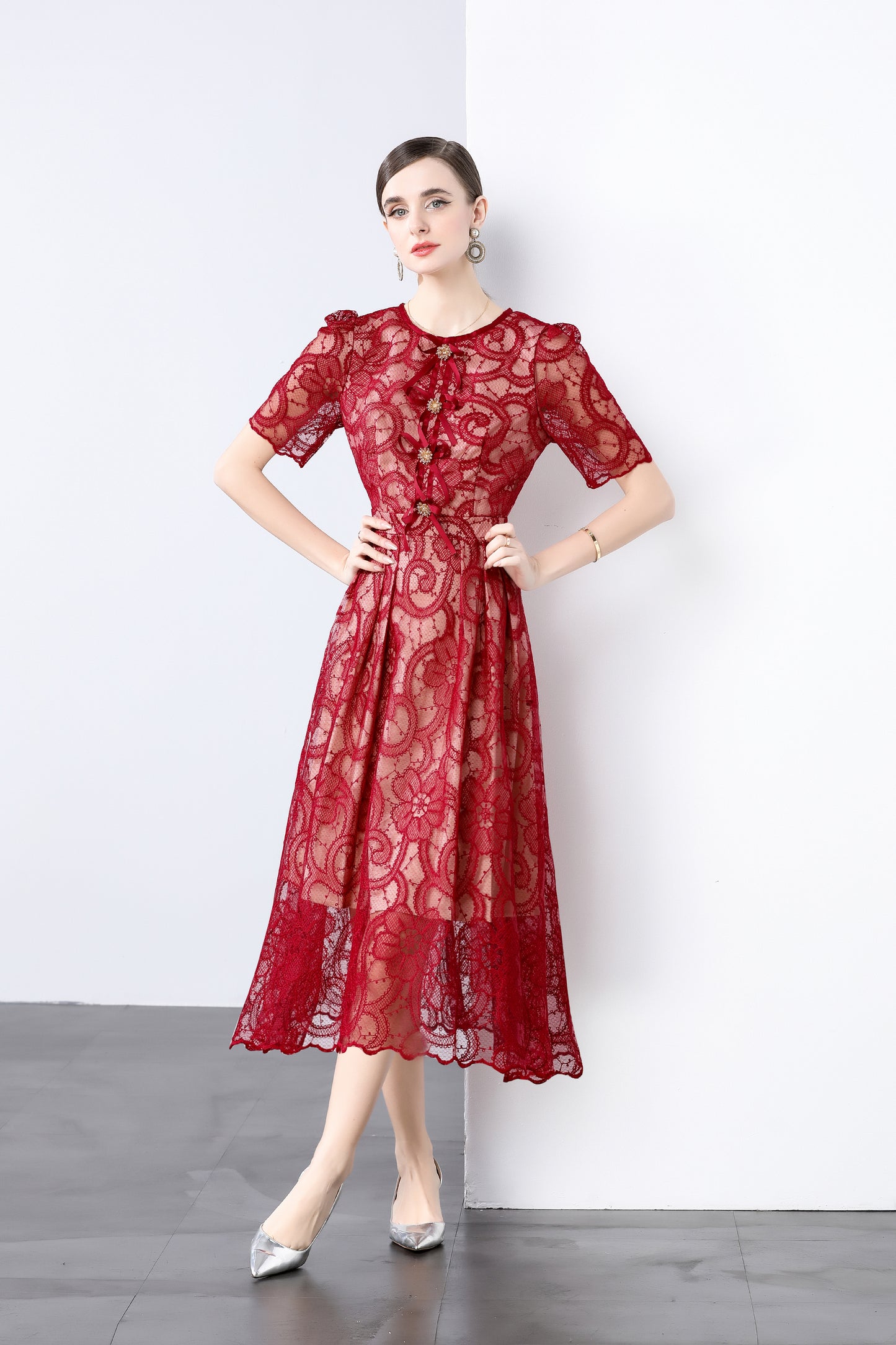 Red Lace Bow Midi Dress – Elegant Romantic Summer Party Dress