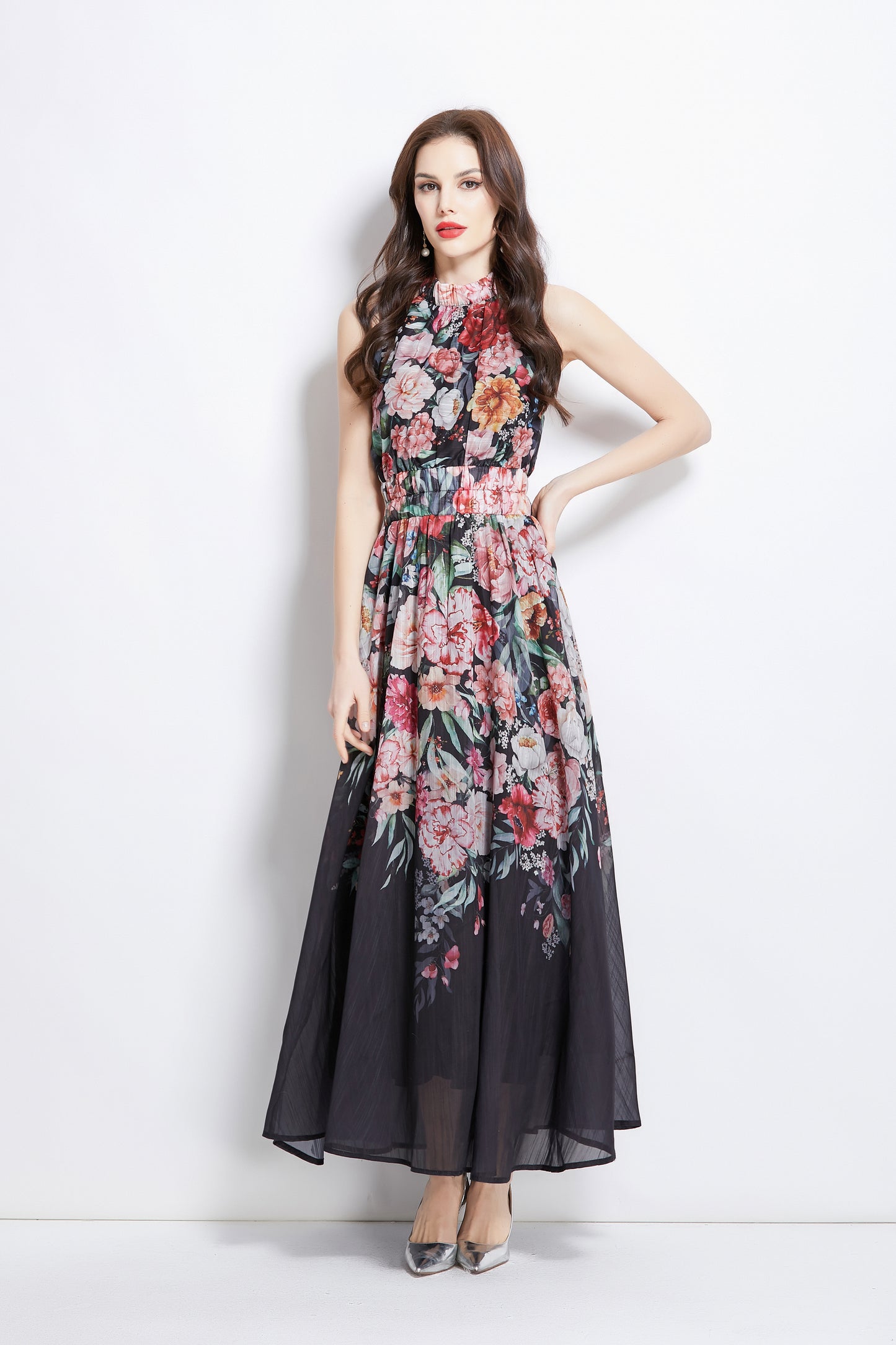 Women's Halter Neck Floral Elastic Waist Maxi Dress