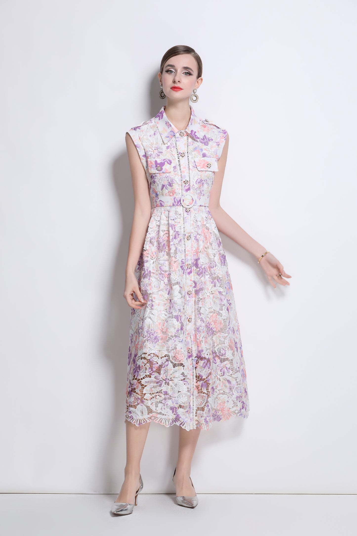 Women's Hollow Lace Print Sleeveless Midi Dress
