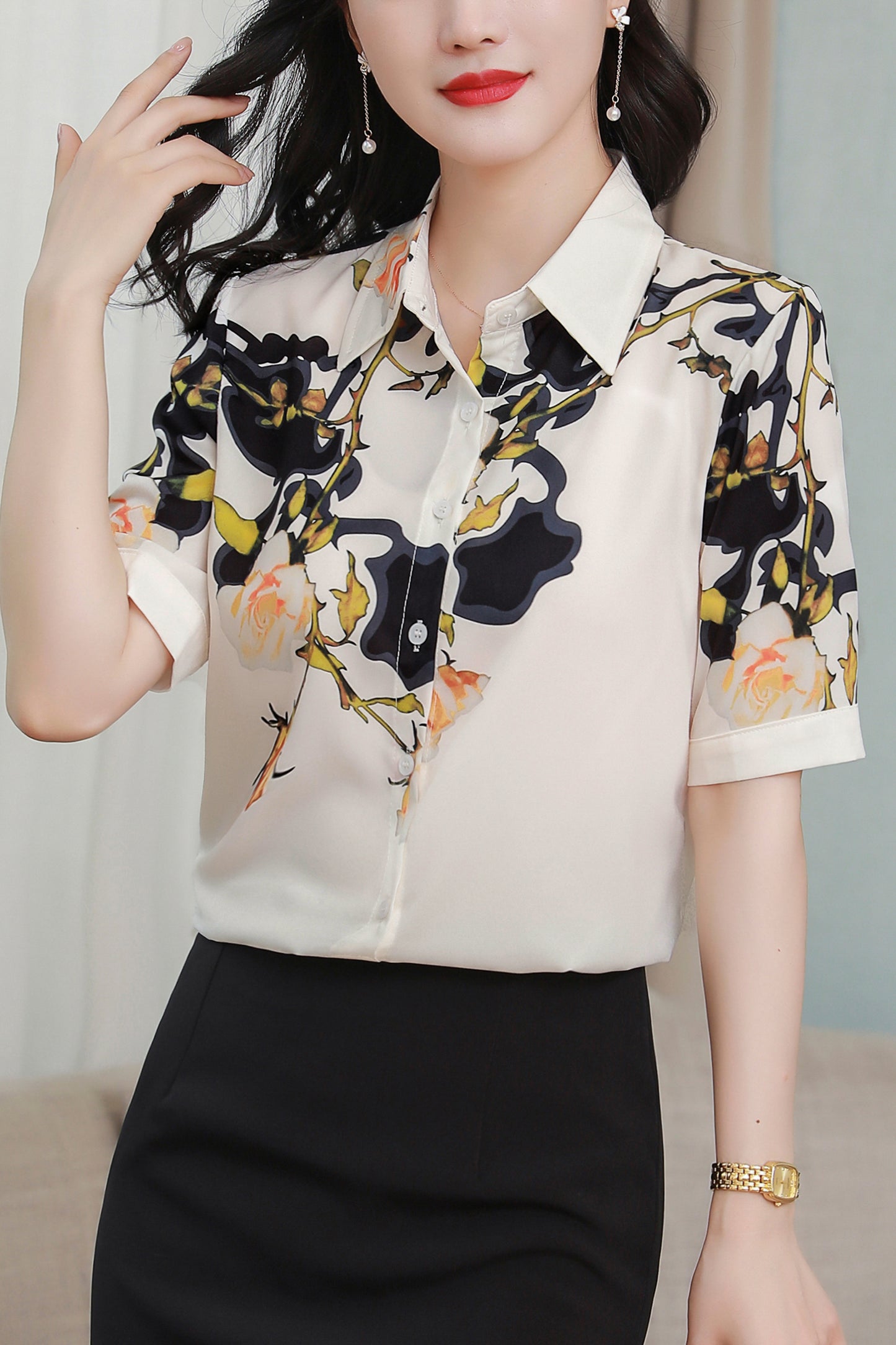 Women's Collared Floral Print Blouse Short Sleeve Tops