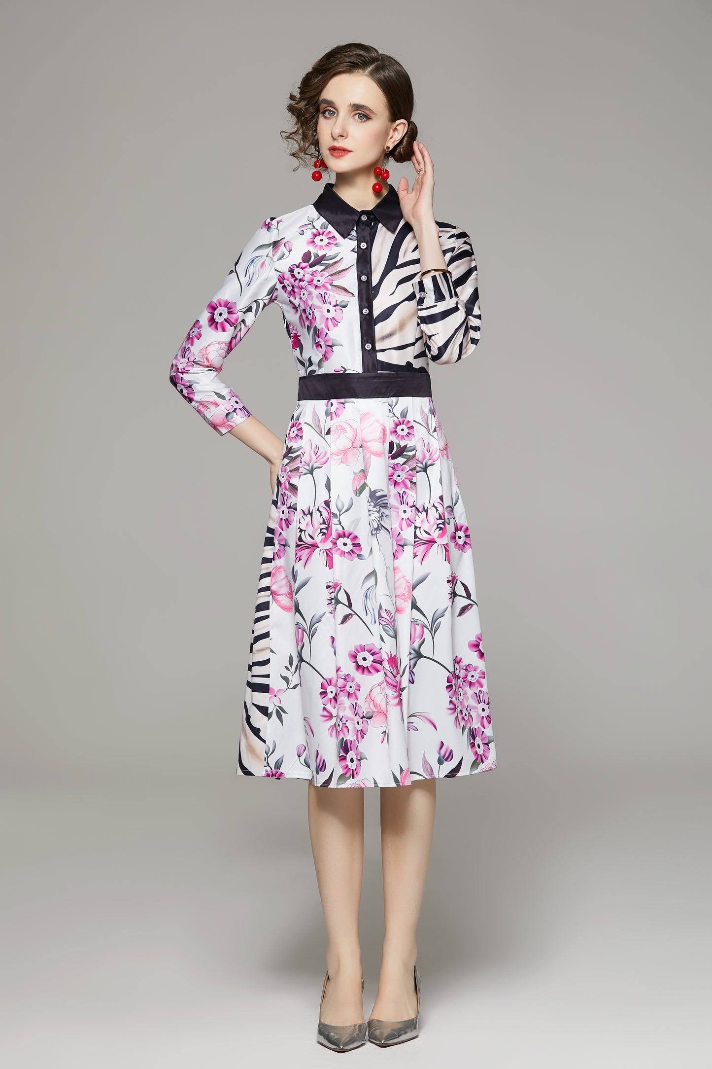 FSY-Women's Floral Print Button A-line Flowy Midi Dress