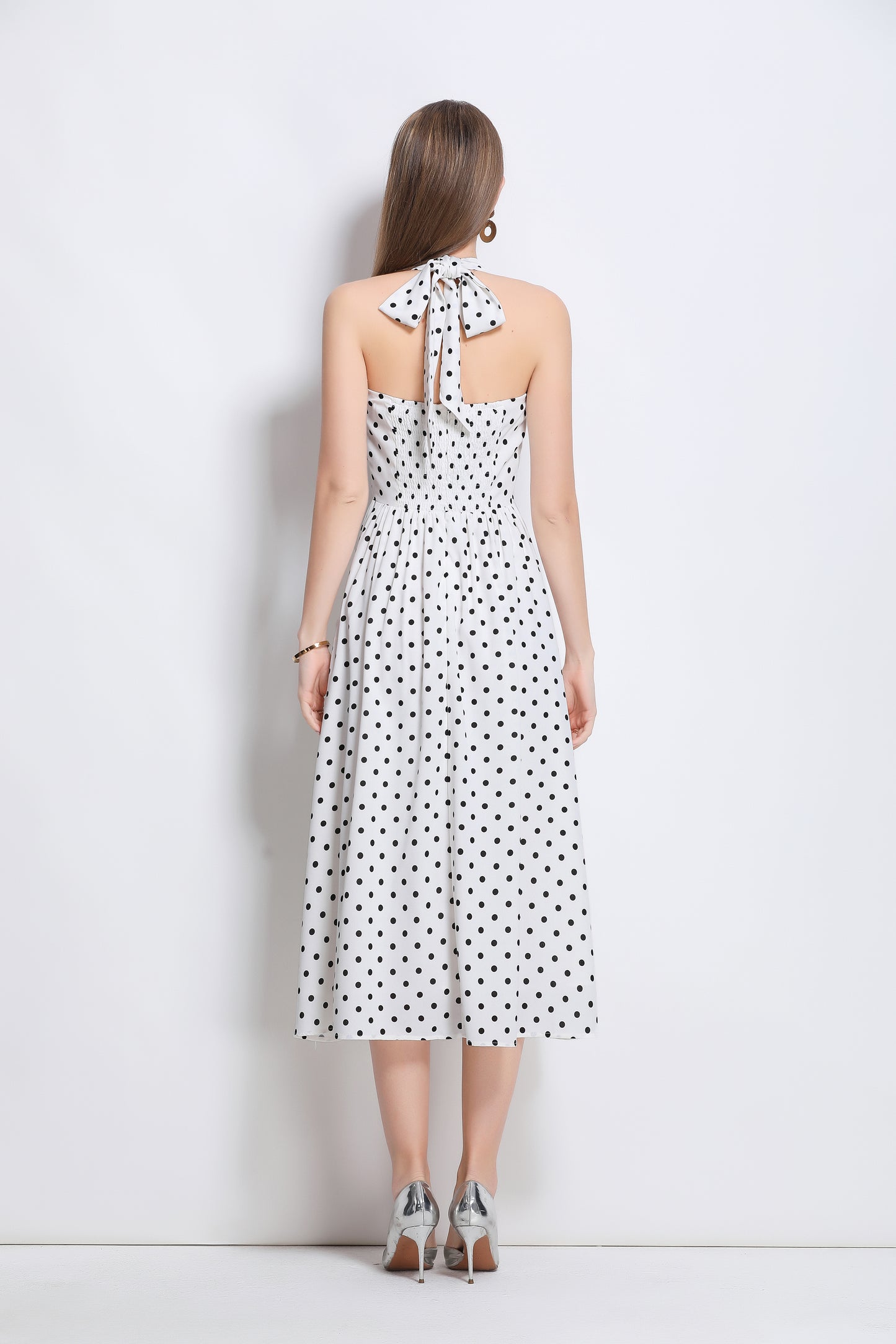 Women's Polka Dot Halter V Neck Backless Midi Dress