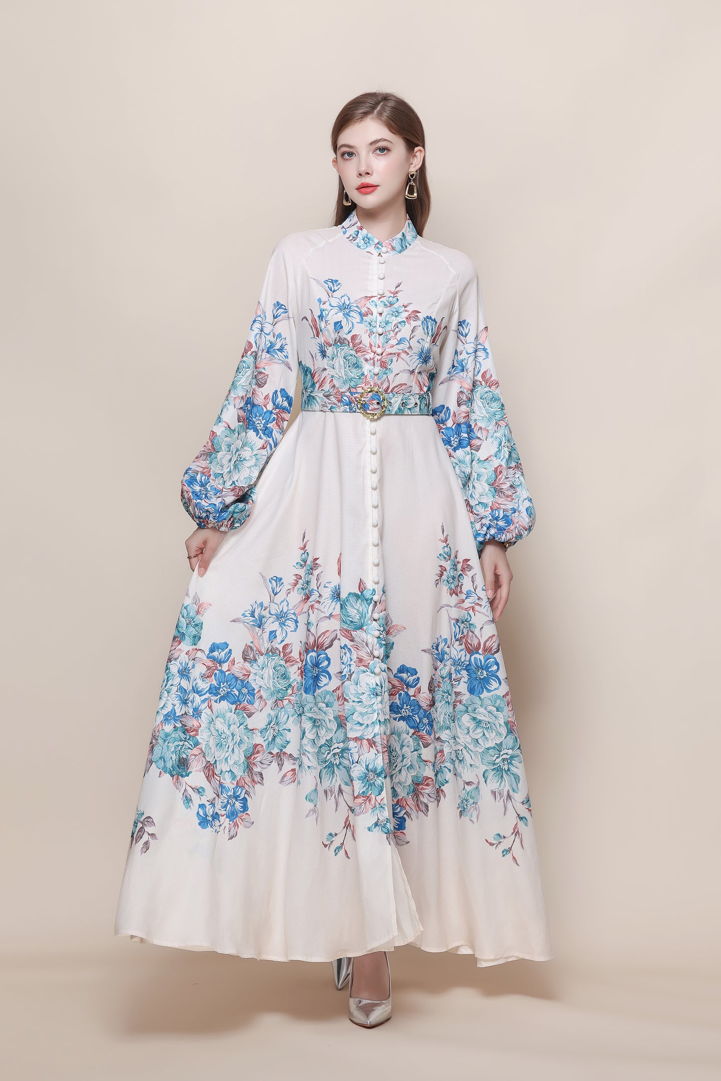 26-Women's Floral Print Puff Sleeve Button Maxi Dress - LAI MENG FIVE CATS