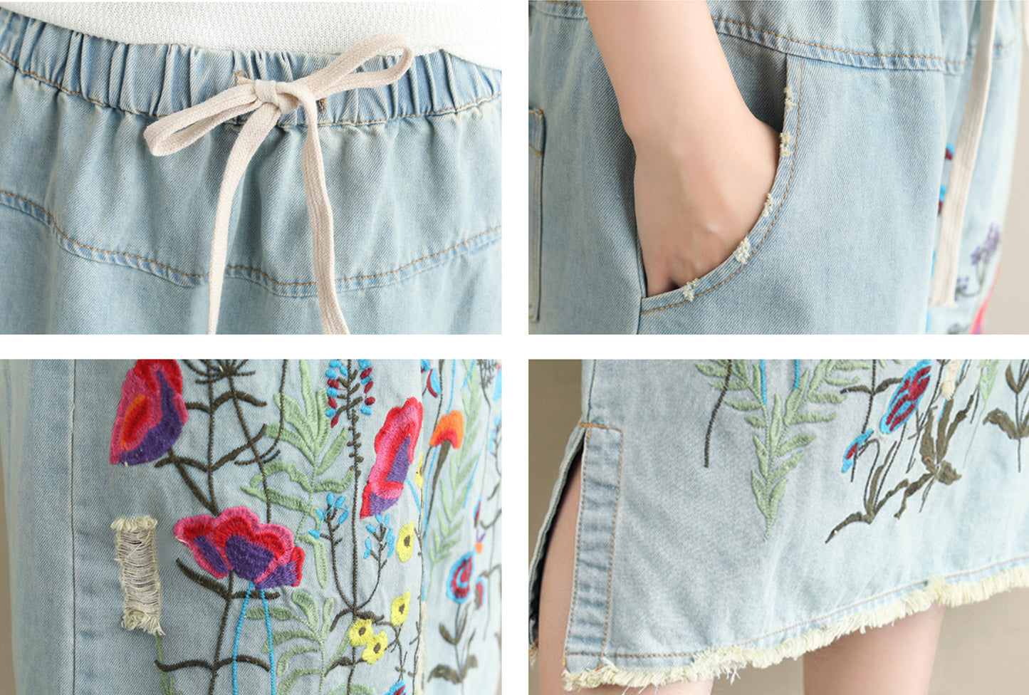 Embroidered Floral Denim Midi Skirt