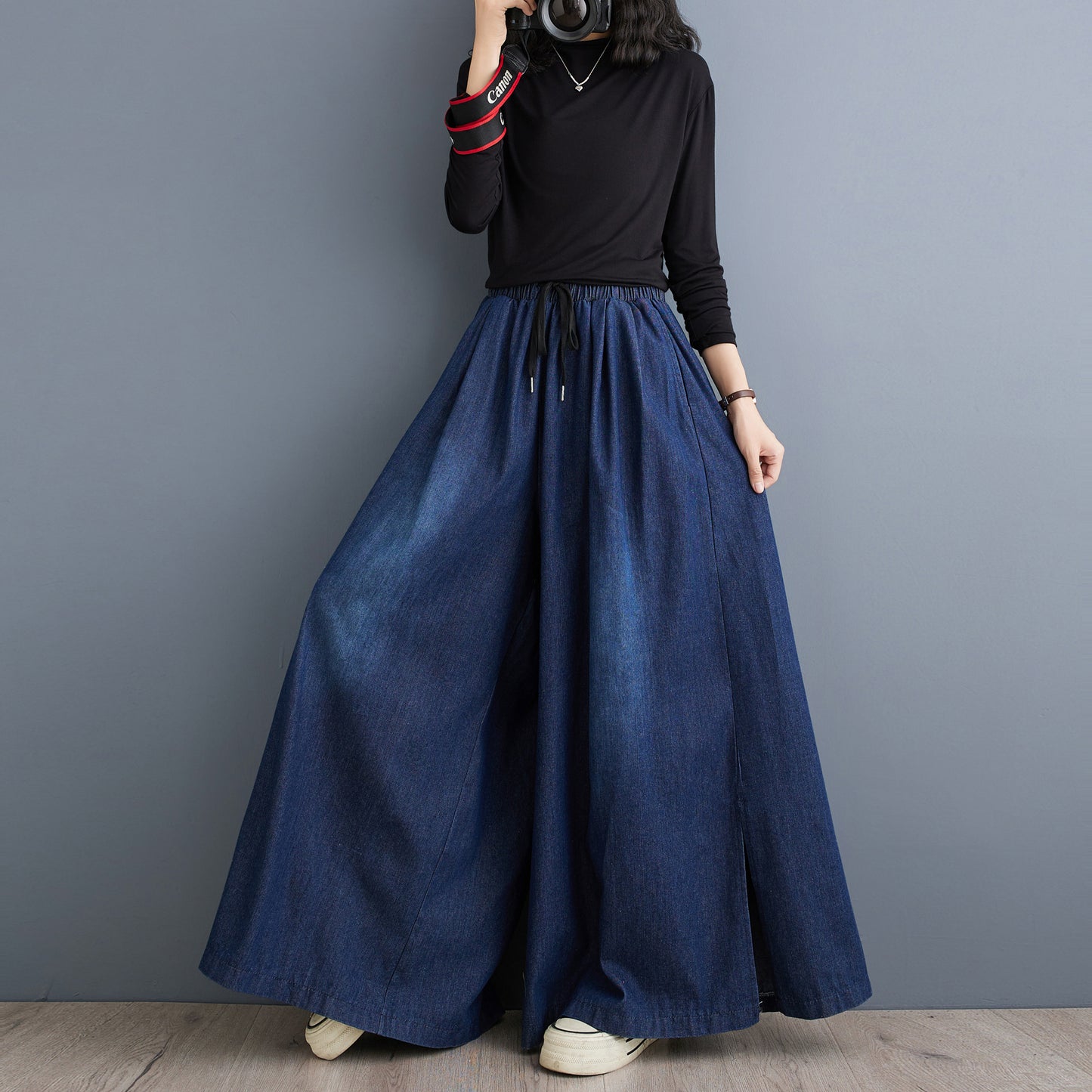 BK-Drawstring Trendy Side Slit Wide Leg Pants