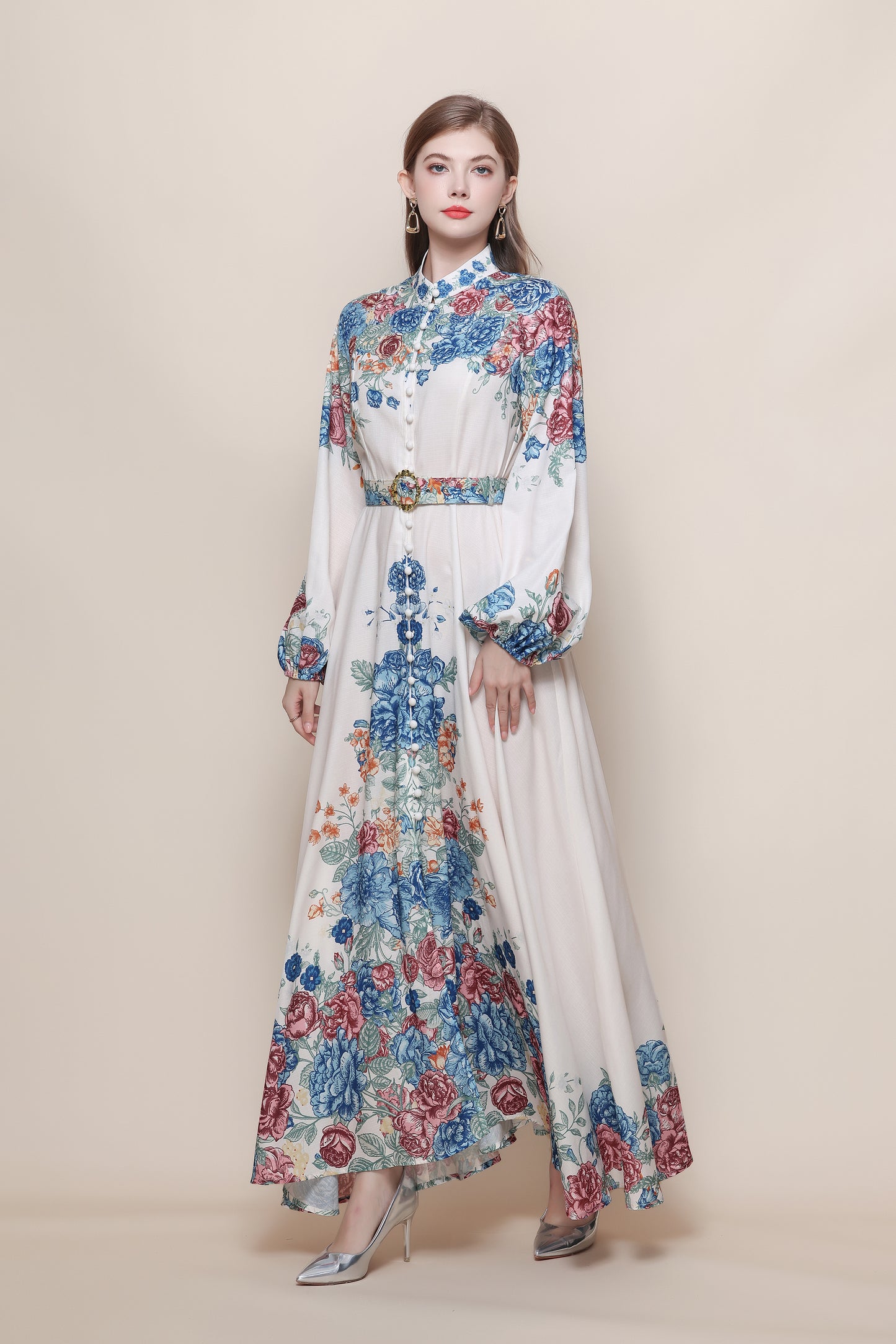 26-Women's Floral Print Puff Sleeve Button Maxi Dress - LAI MENG FIVE CATS