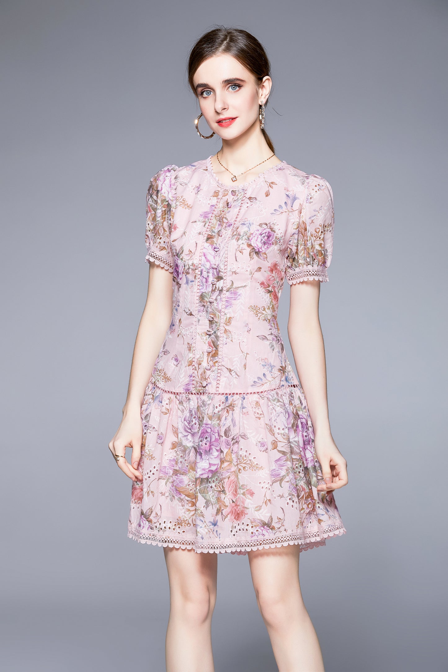 SSY-Women's Floral Puff Sleeve Low Waist Ruffle Short Dress