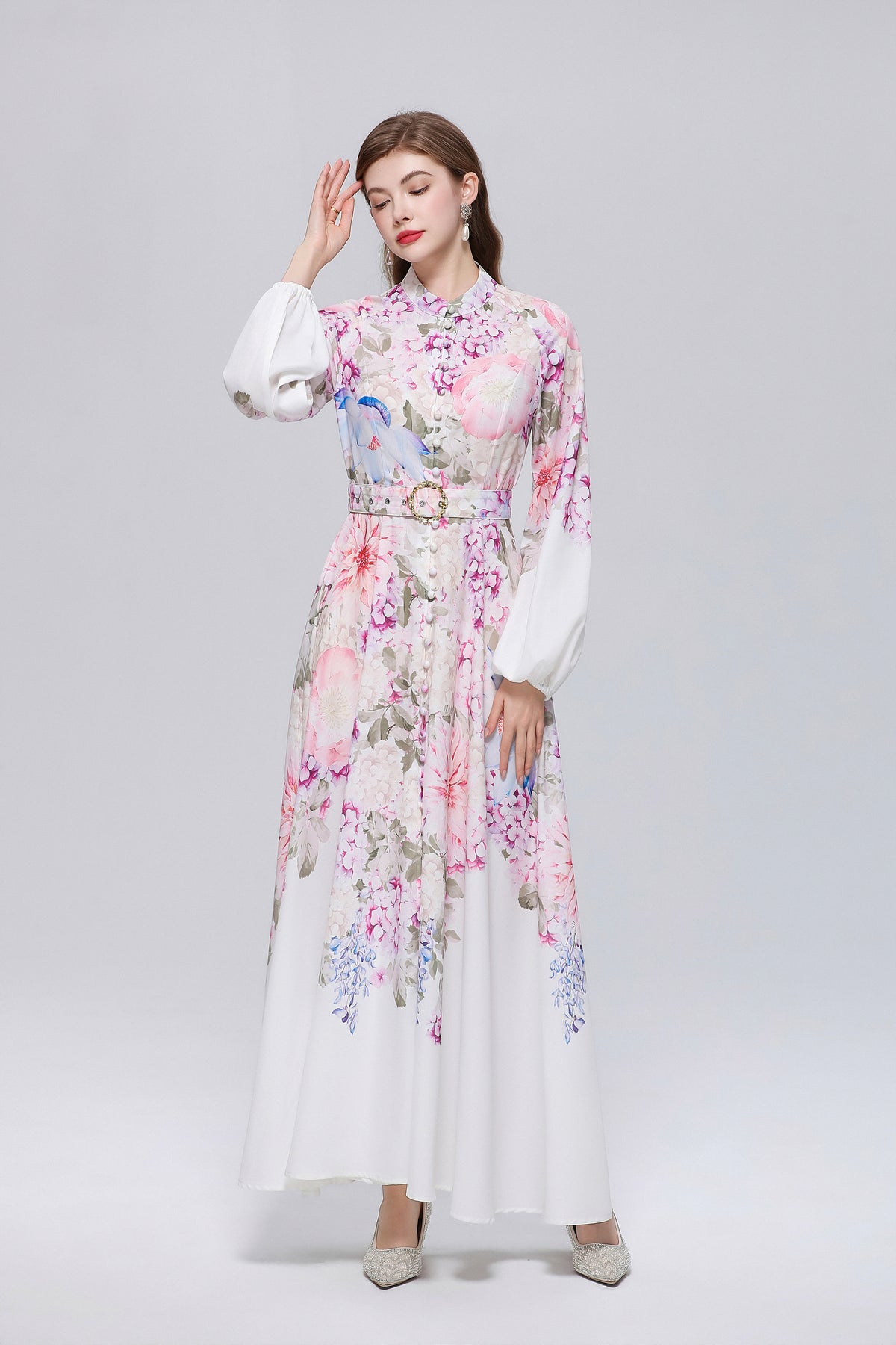 26-Women Floral Print Button Flowy Maxi Belt Dress - LAI MENG FIVE CATS