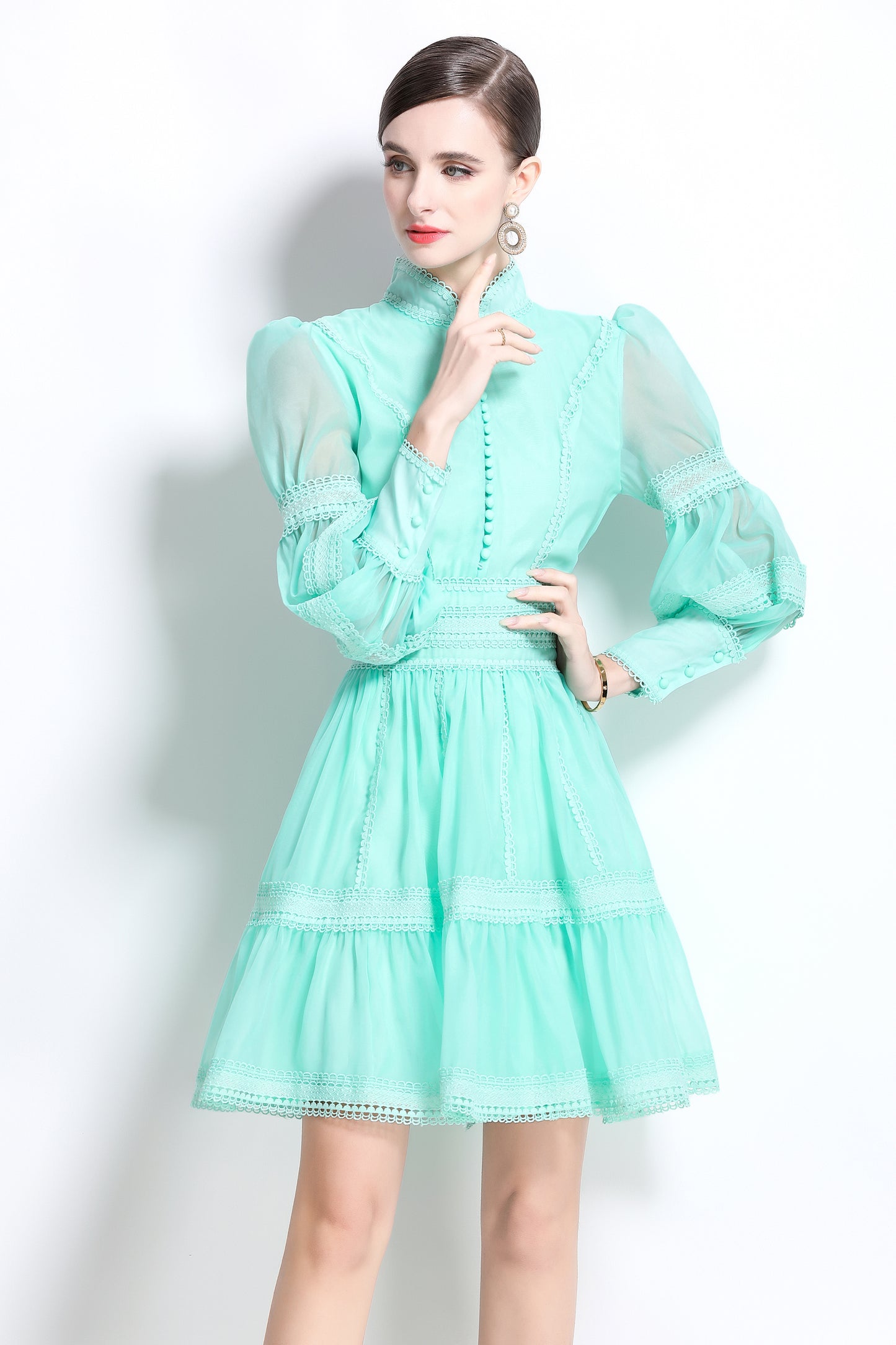 BK-Organza Lace Puff Sleeve Mini Dress