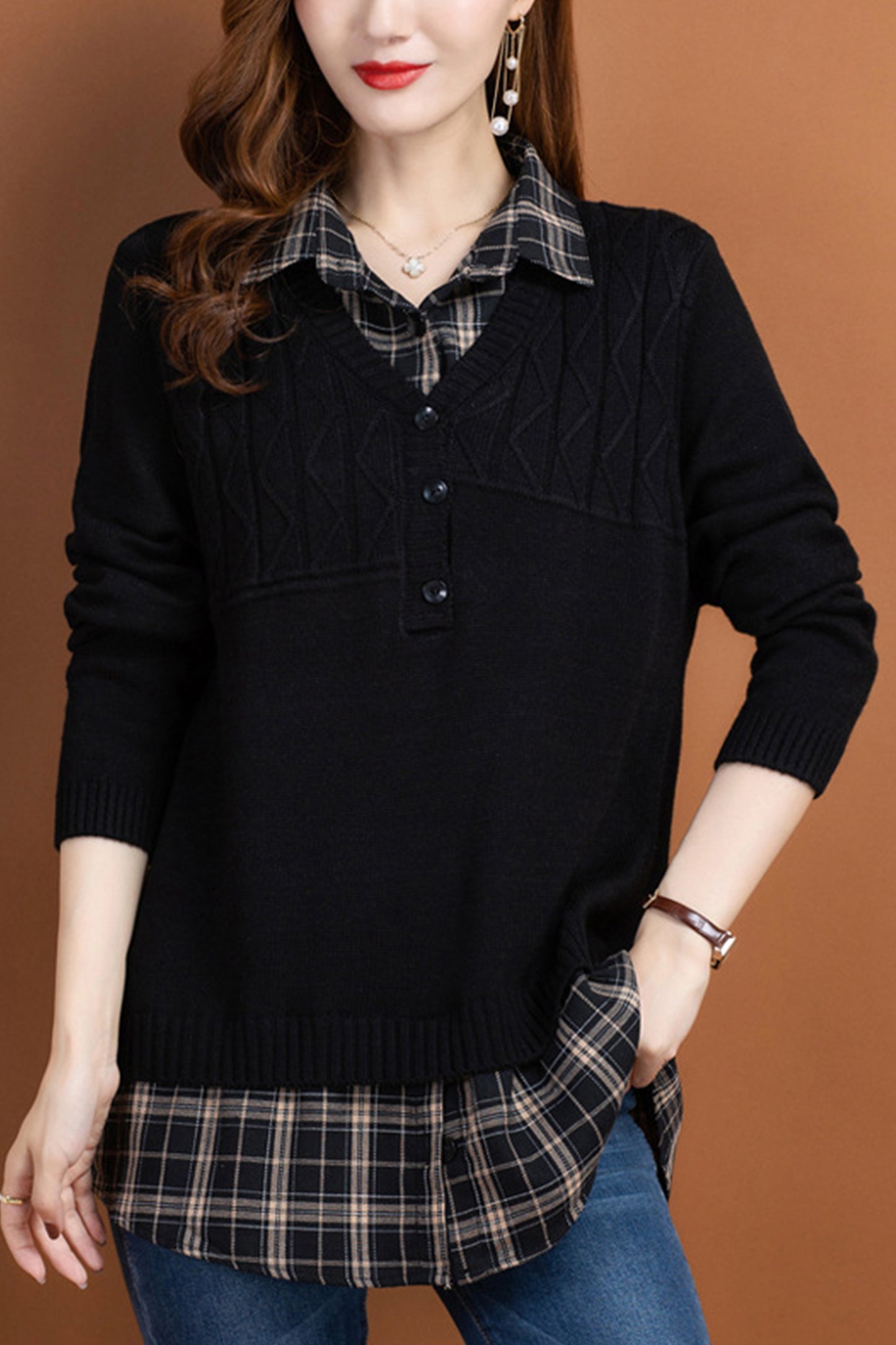 Women's V Neck Plaid Layered Look Knit Pullover Tops