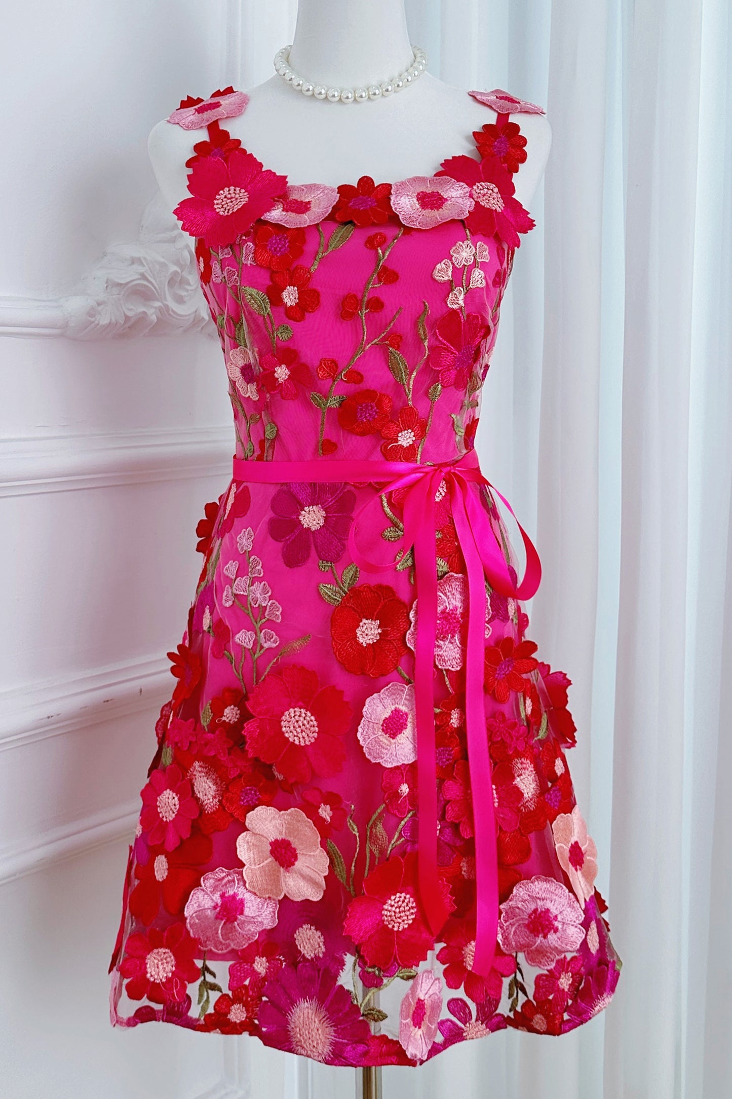 Women's Adjustable Spaghetti Straps 3D Floral Tulle Mini Dress