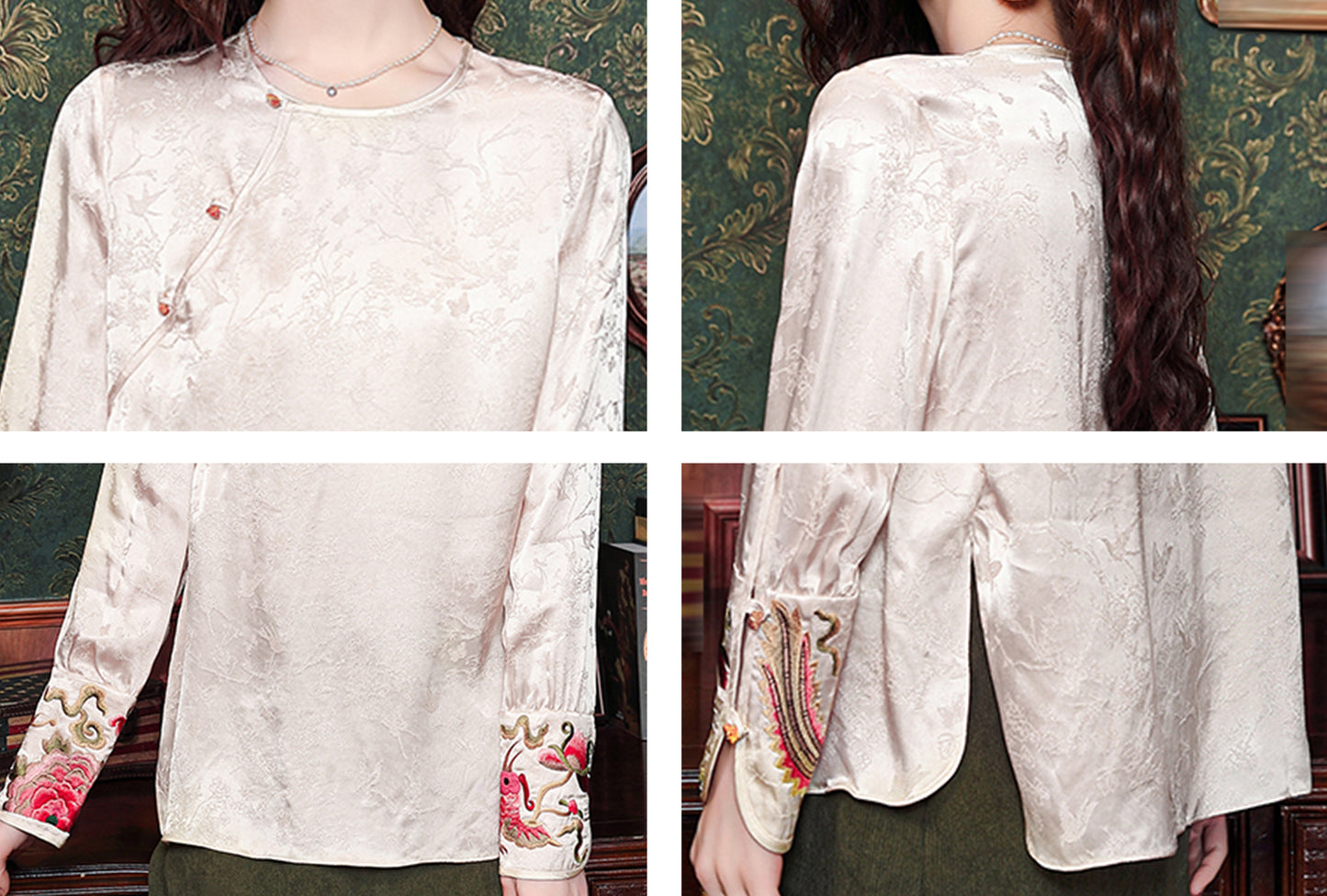 Elegant Chinese Style Jacquard Embroidered Blouse with Frog Buttons - LAI MENG FIVE CATS