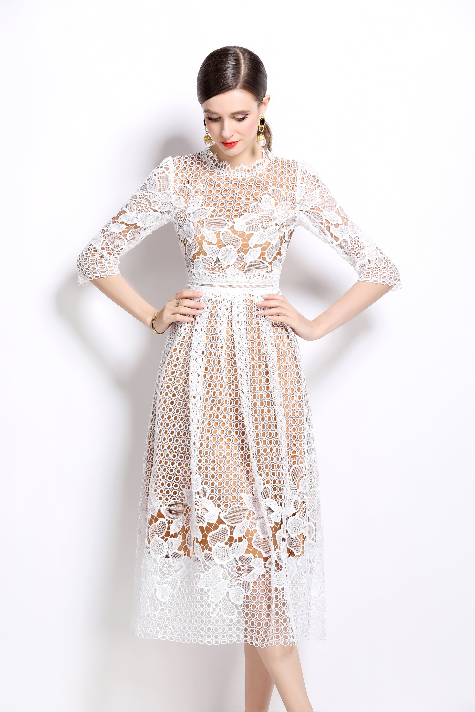 BK-Womens Floral Lace Hollow Crochet Waist Cocktail Dress - LAI MENG FIVE CATS