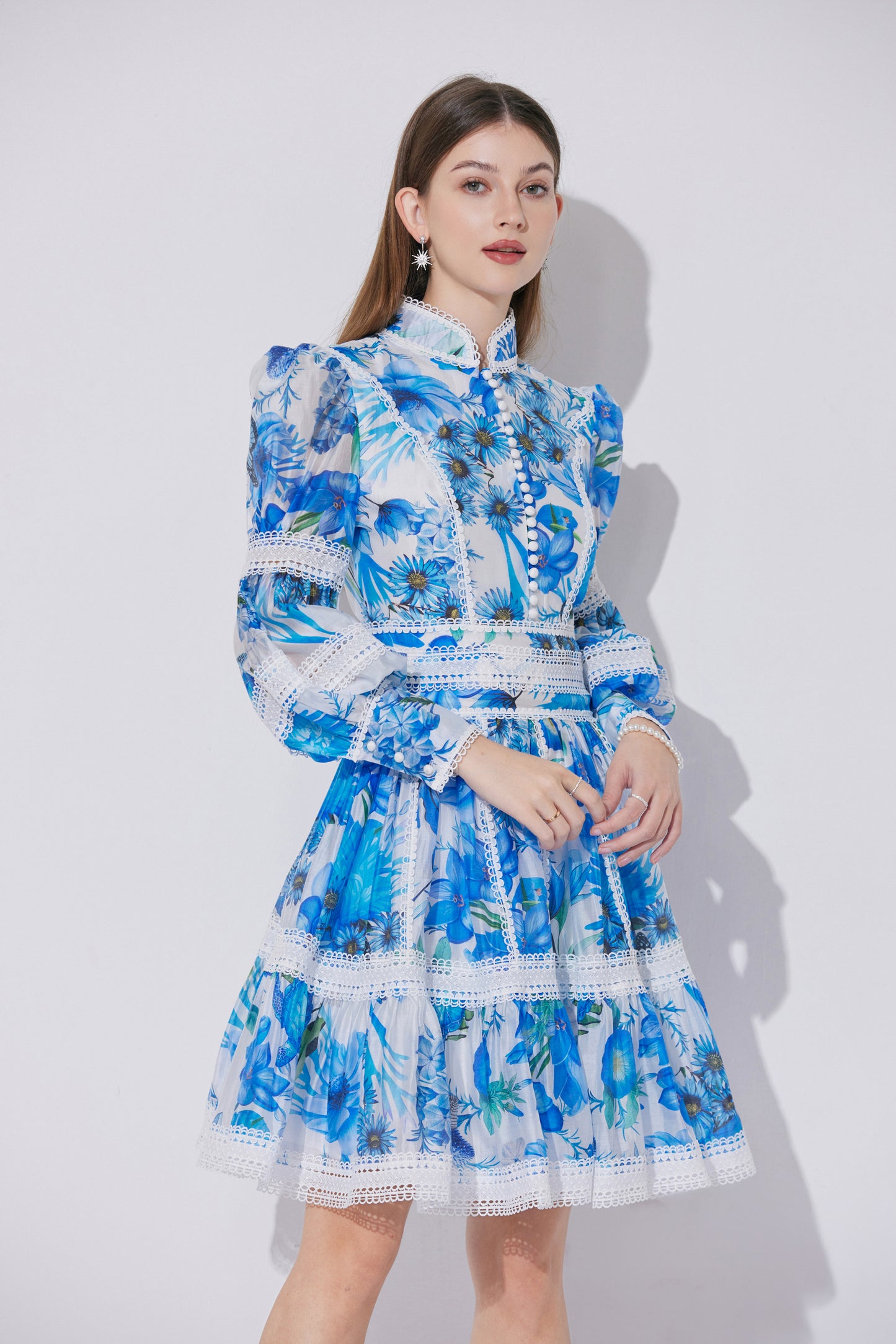 Women's Puff Sleeves Hollow Mesh Mini Dress