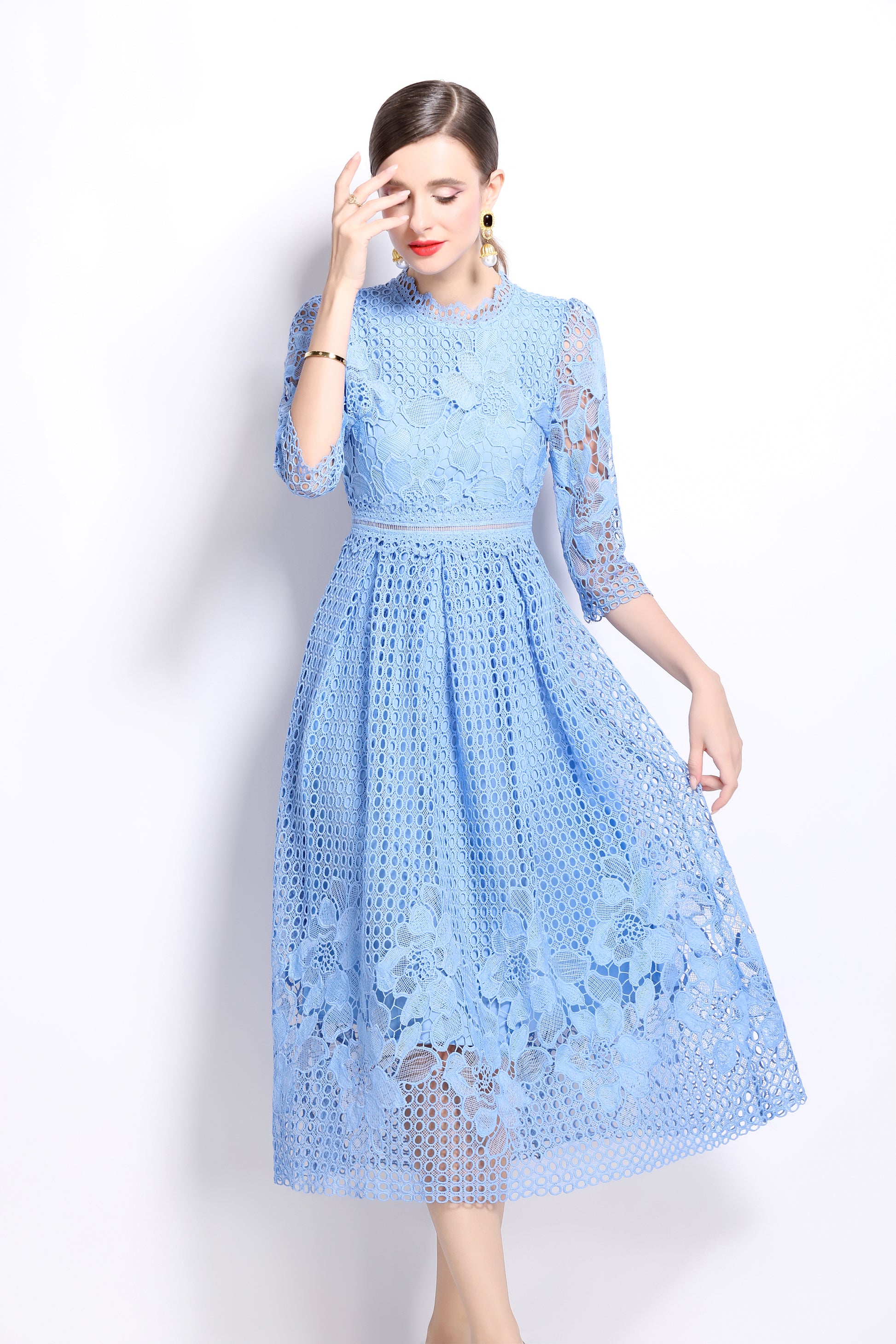 BK-Womens Floral Lace Hollow Crochet Waist Cocktail Dress - LAI MENG FIVE CATS