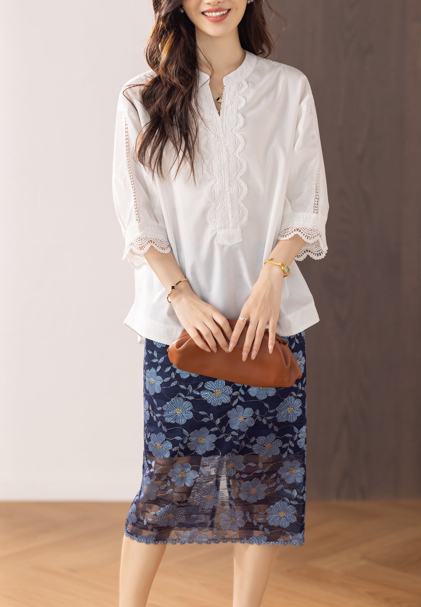 Women's V Neck Lace Floral Blouse Tops Shirts