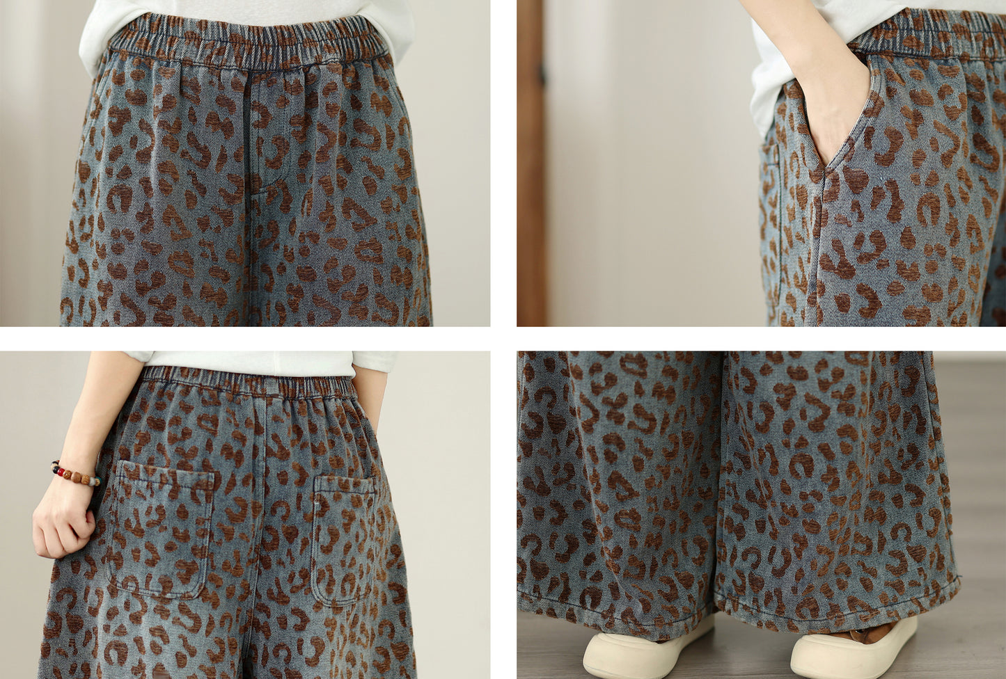 Vintage Leopard Print Denim Wide Leg Pants Casual Loose Jeans - LAI MENG FIVE CATS