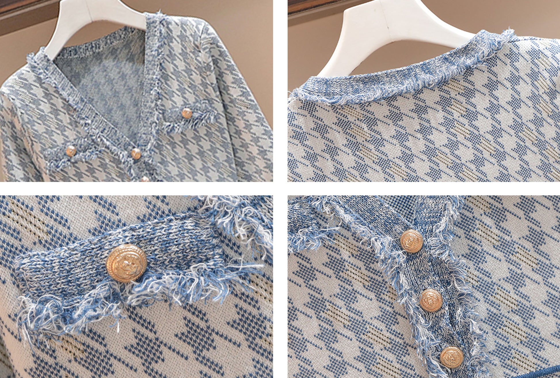 Knit V-neck Long Sleeve Button plaid Dress - LAI MENG FIVE CATS
