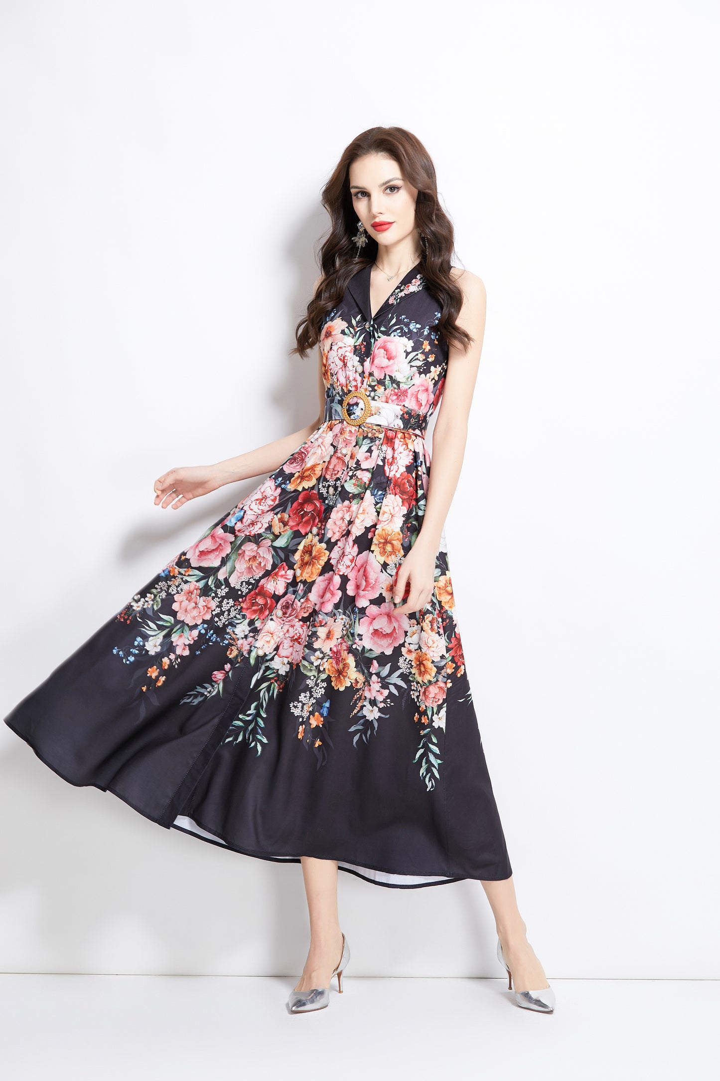 Women's Floral Print Sleeveless V Neck Maxi Dress