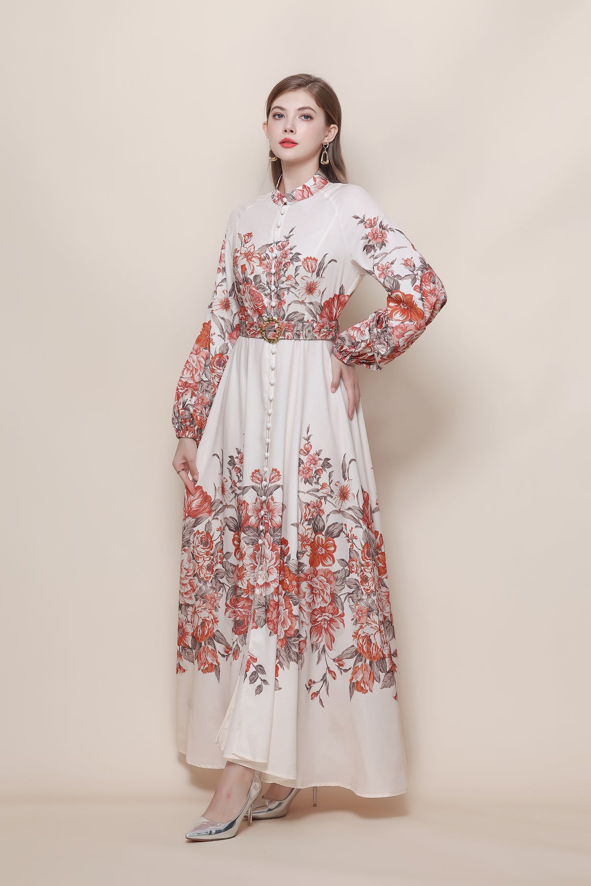 26-Women's Floral Print Puff Sleeve Button Maxi Dress - LAI MENG FIVE CATS