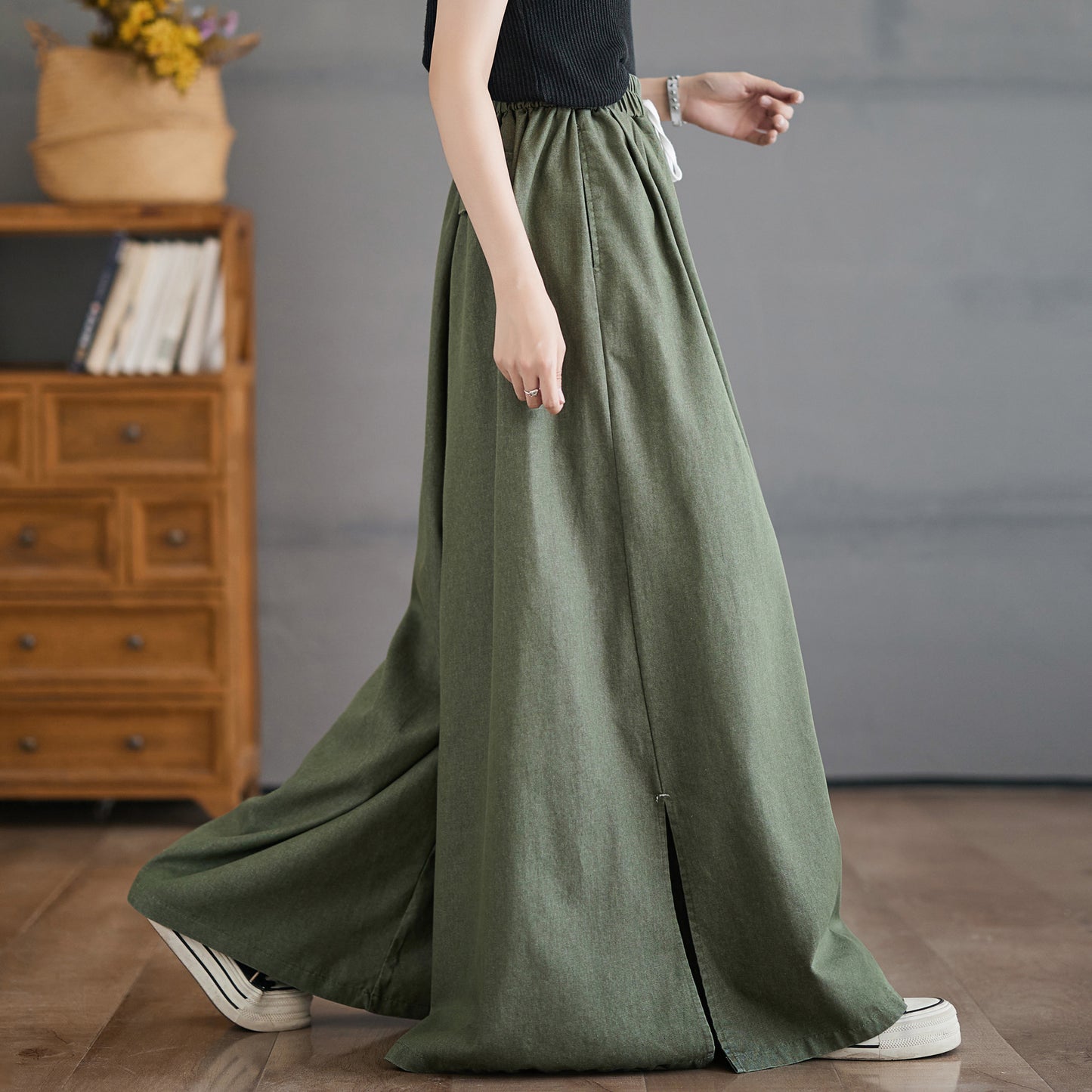 Women's Waisted Drawstring Side Slit Wide Leg Pants