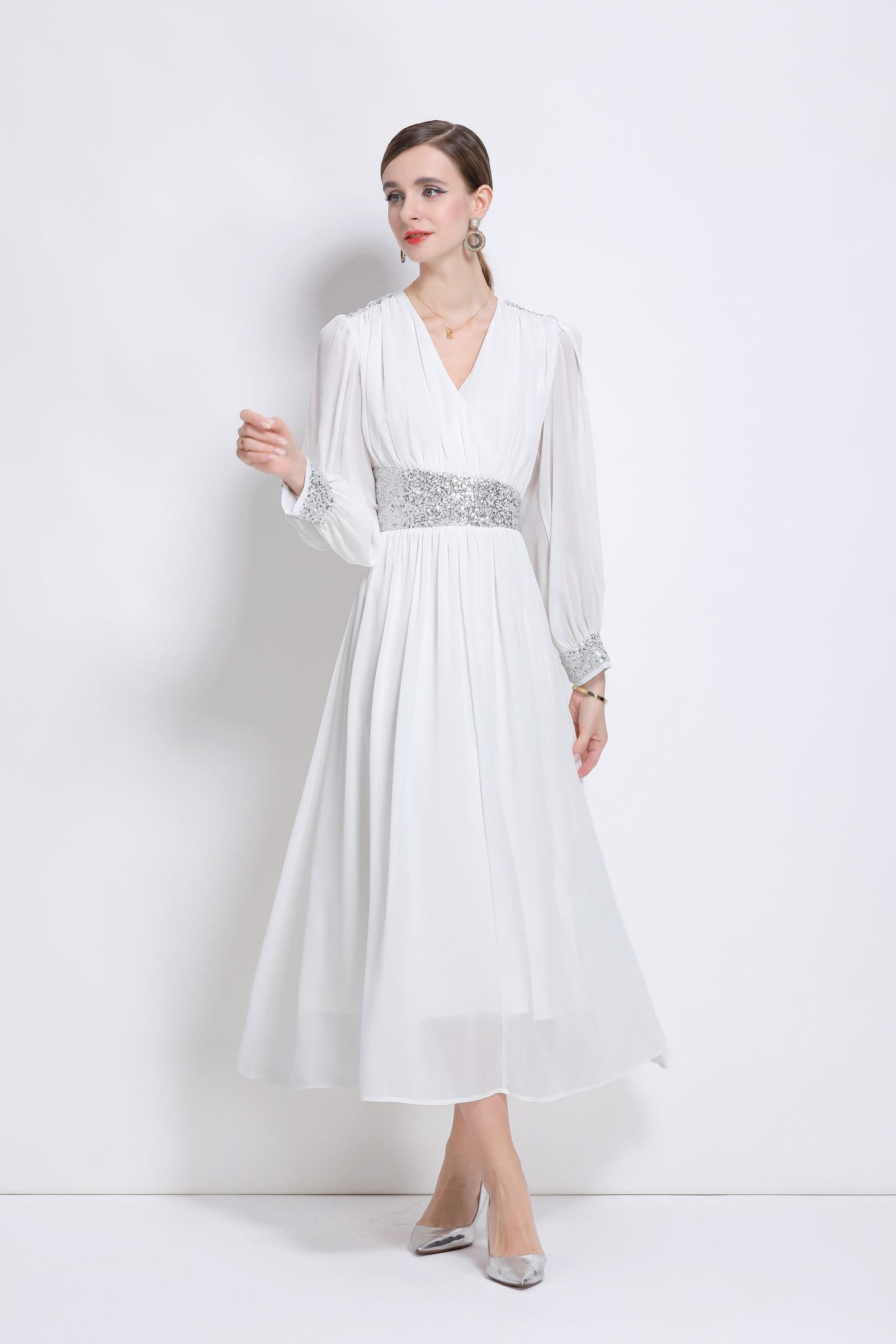 Women's Sequin V-Neck Chiffon Mixi Dresses