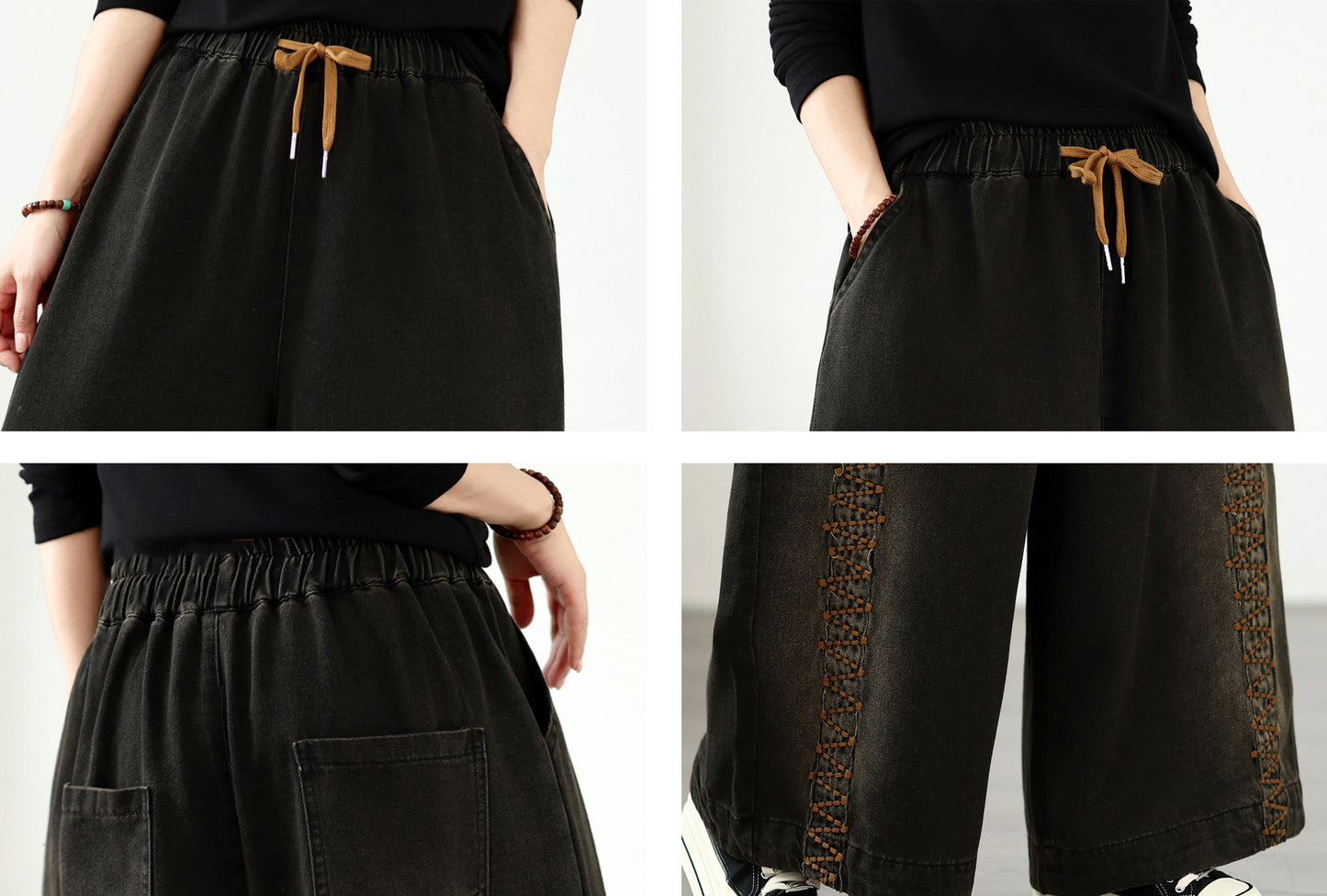 Vintage Washed Wide-Leg Jeans with Boho Embroidery - LAI MENG FIVE CATS