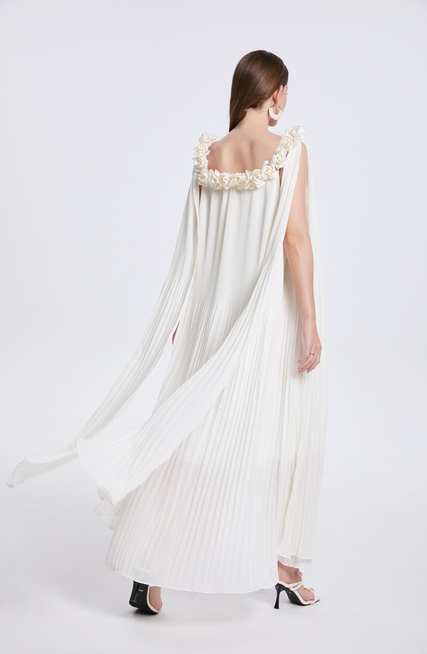 Women's Off Shoulder Chiffon 3D Floral Pleated Maxi Dress
