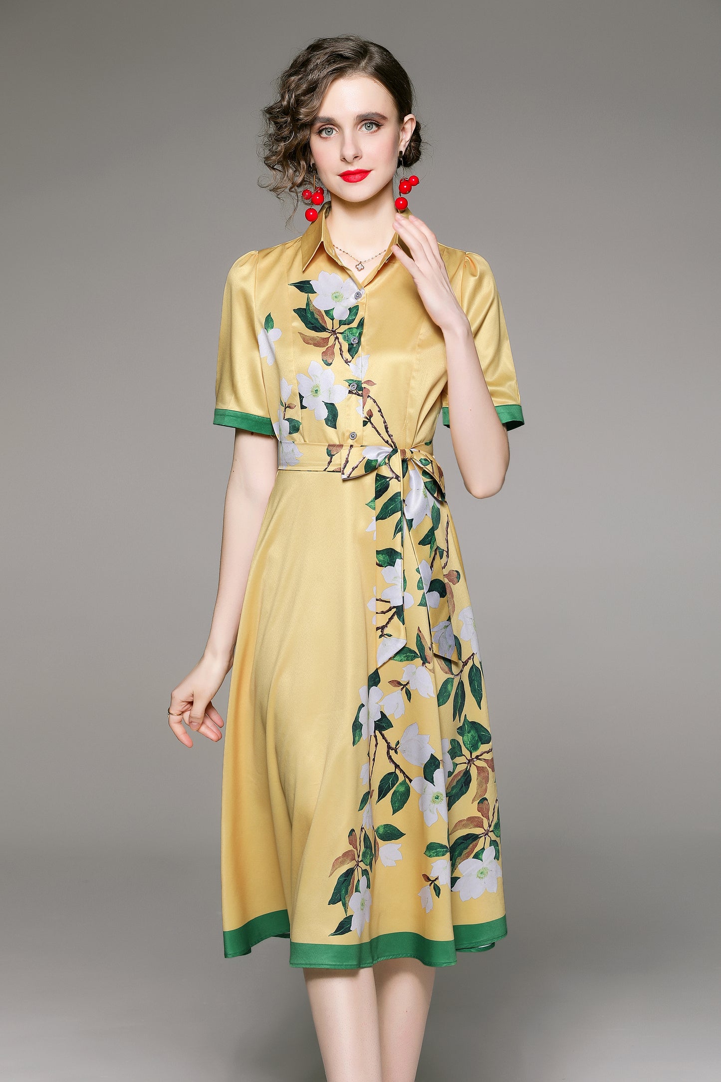 FSY-Women's Short Sleeve Floral Print Button Midi Dress