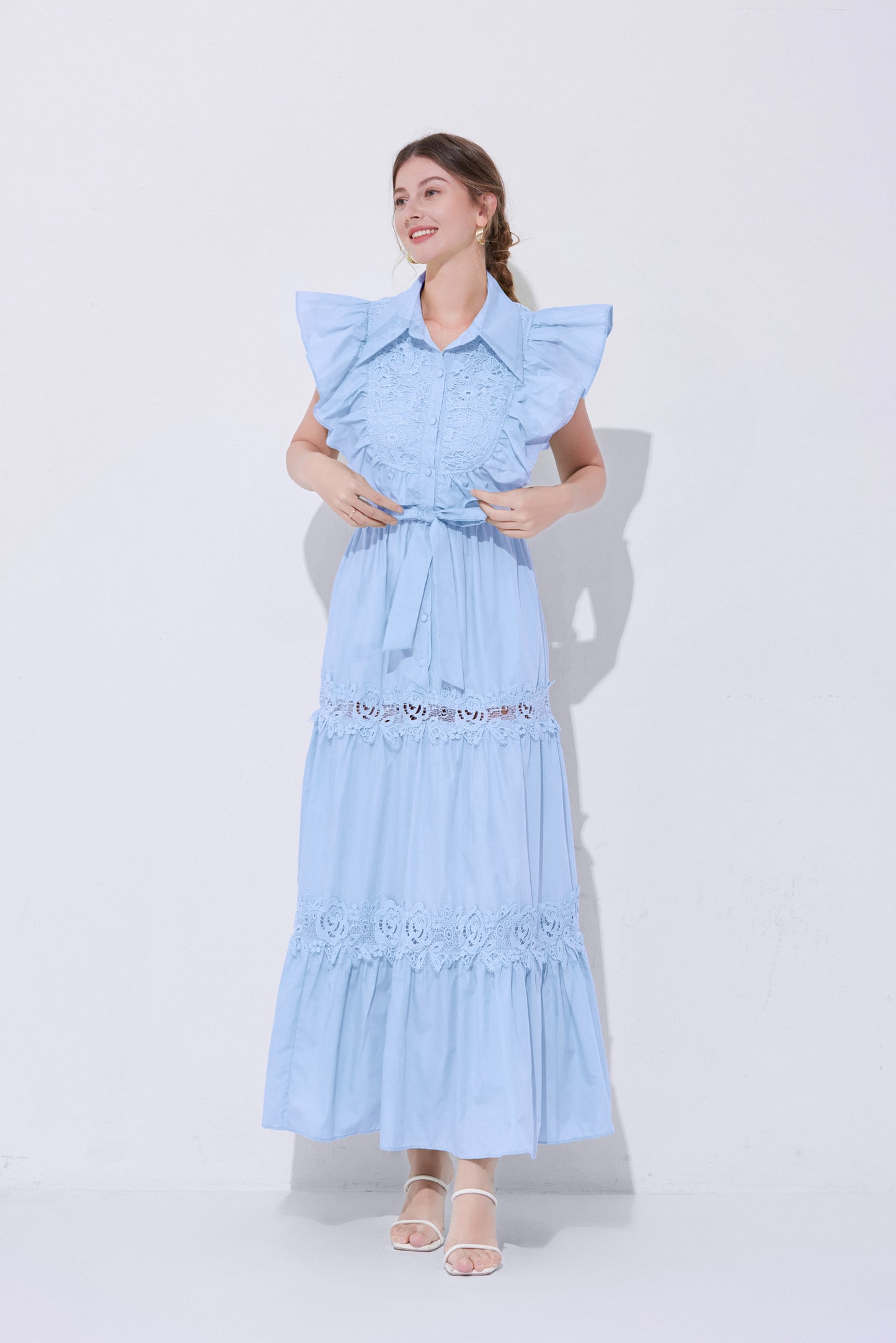 Women's Sleeveless Ruffles Lace Button  Mixi Dress