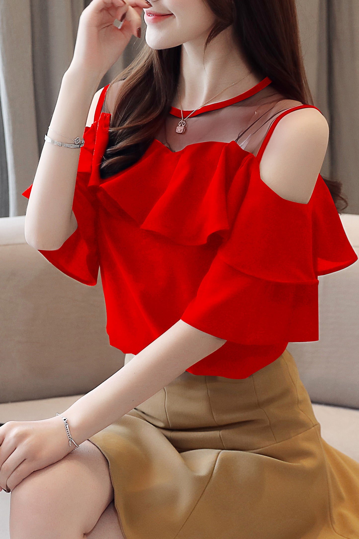 Women's Chiffon Ruffle Off Shoulder Mesh Blouse Top
