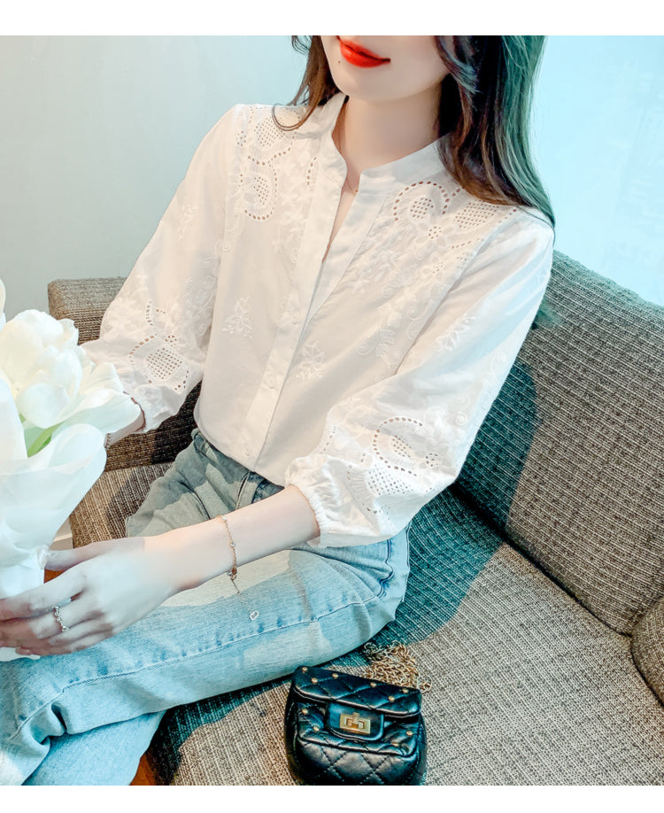 Women's V Neck Lace Tops 1/2 Sleeve Blouse - LAI MENG FIVE CATS