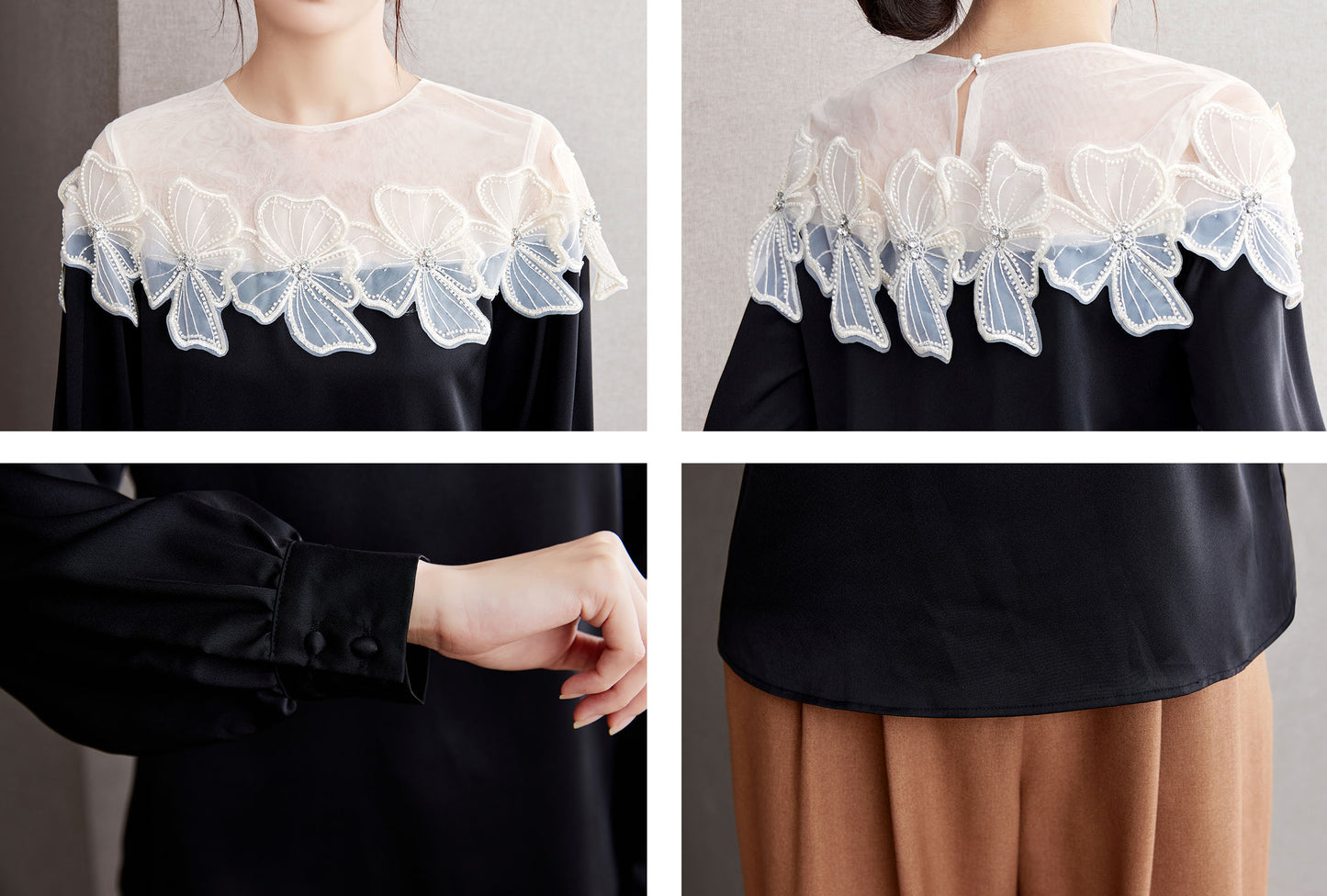 Patchwork Tunic Shirt Print Round Neck Blouse - LAI MENG FIVE CATS