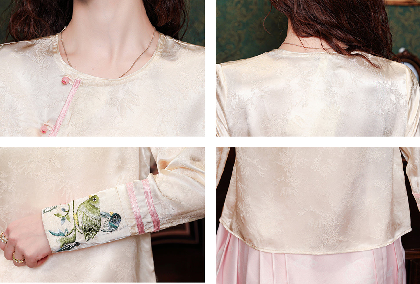 New Chinese Style Jacquard Blouse with Embroidered Cuffs - LAI MENG FIVE CATS