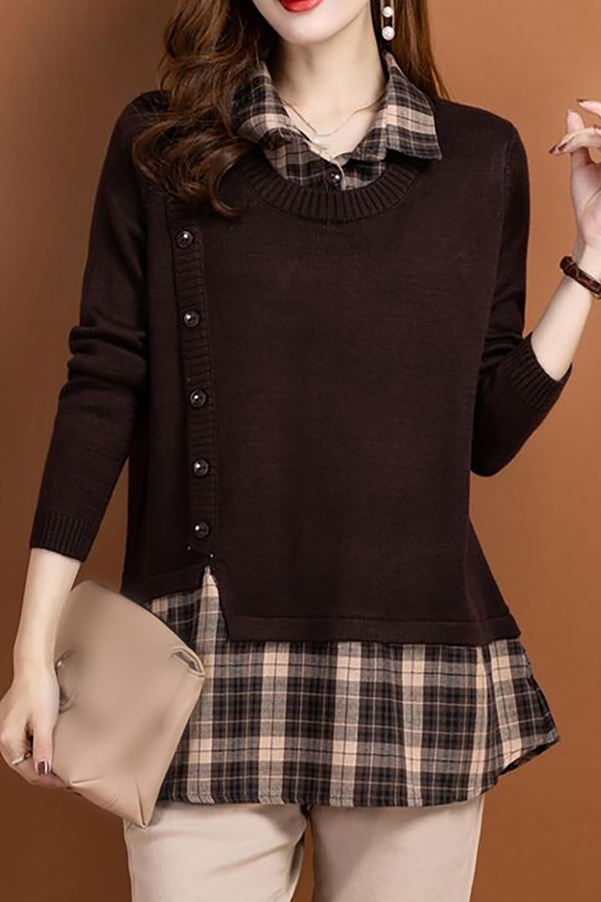 Knit Collar Patchwork Blouse Tops - LAI MENG FIVE CATS