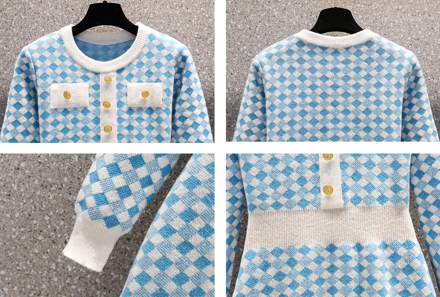 Knit Plaid Pullover Sweater Mini Dress - LAI MENG FIVE CATS