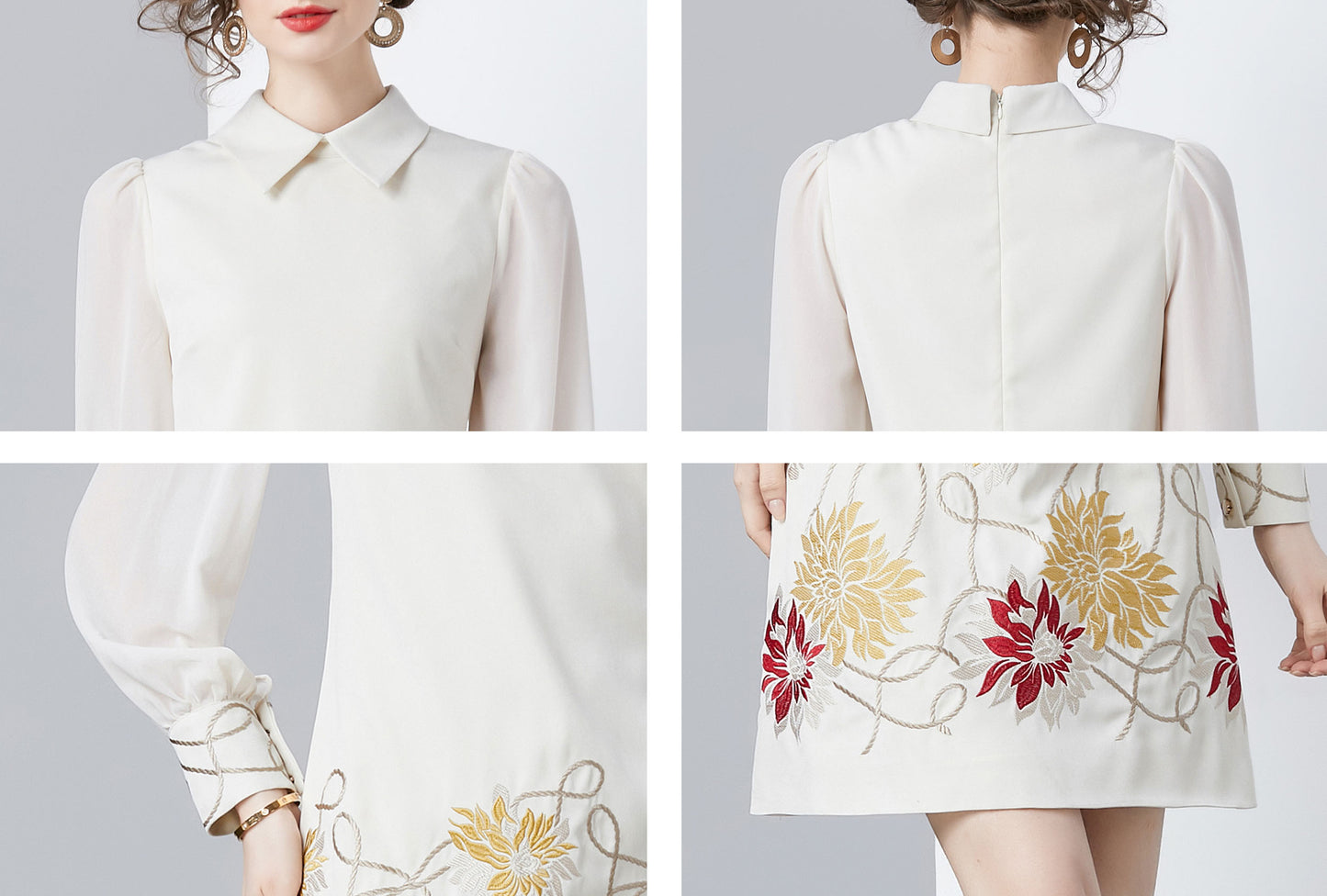 Vintage Women's Elegant Embroidered Hight Neck Mini Dress - LAI MENG FIVE CATS