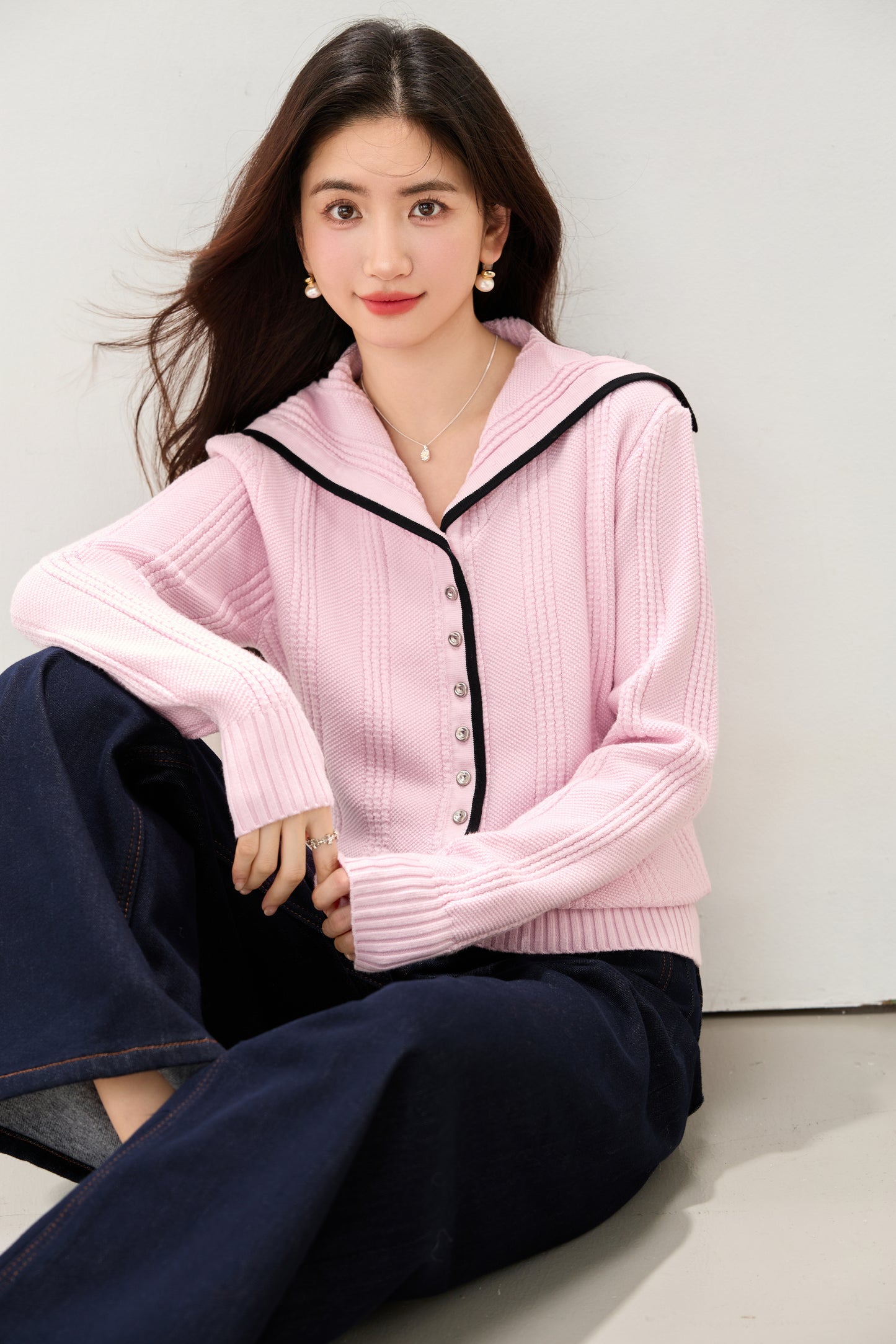 Women's Sailor Collar Long Sleeve Stripe Cardigan Sweater