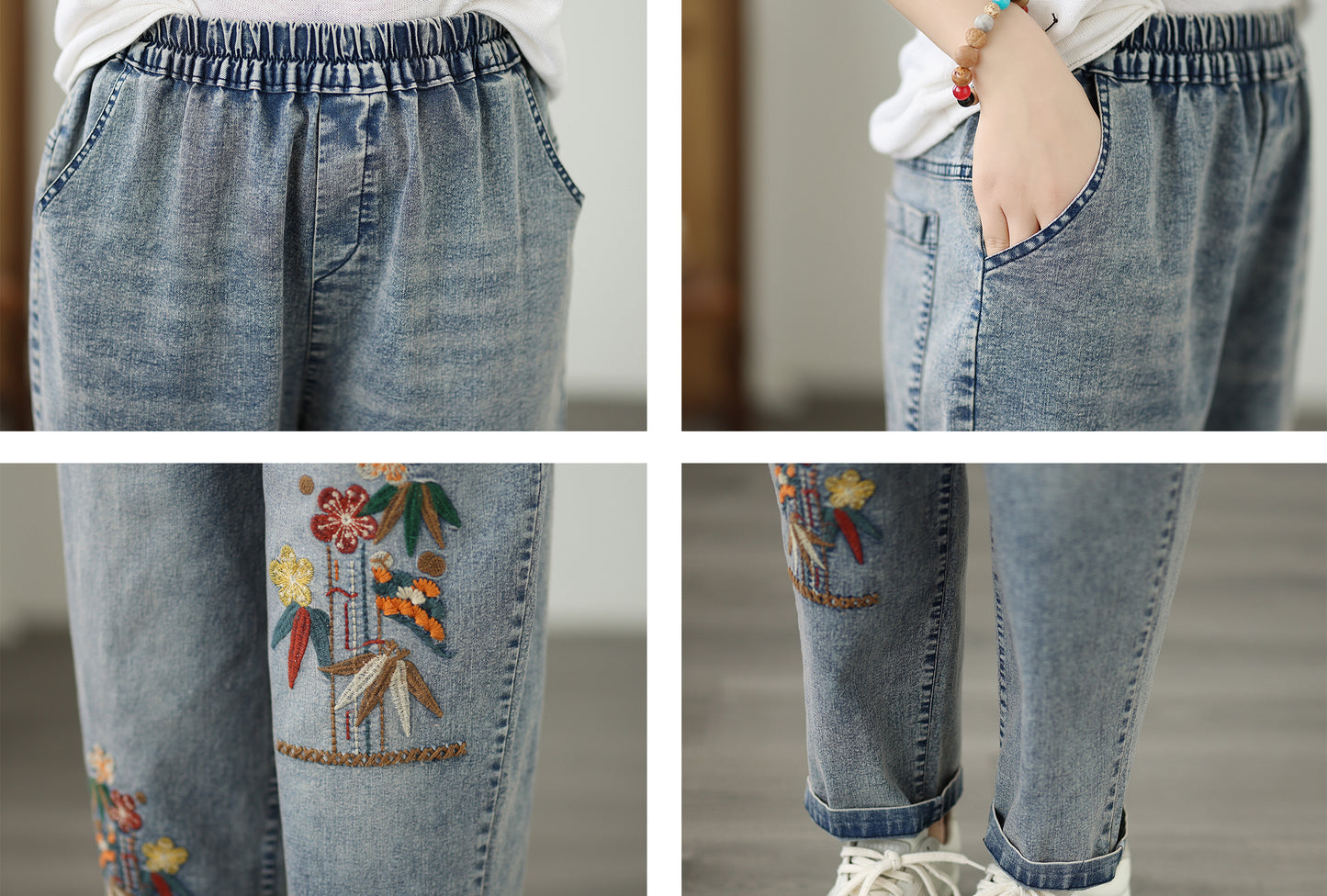 Women's Casual Denim Harem Jeans Elastic Waist Loose Pants - LAI MENG FIVE CATS