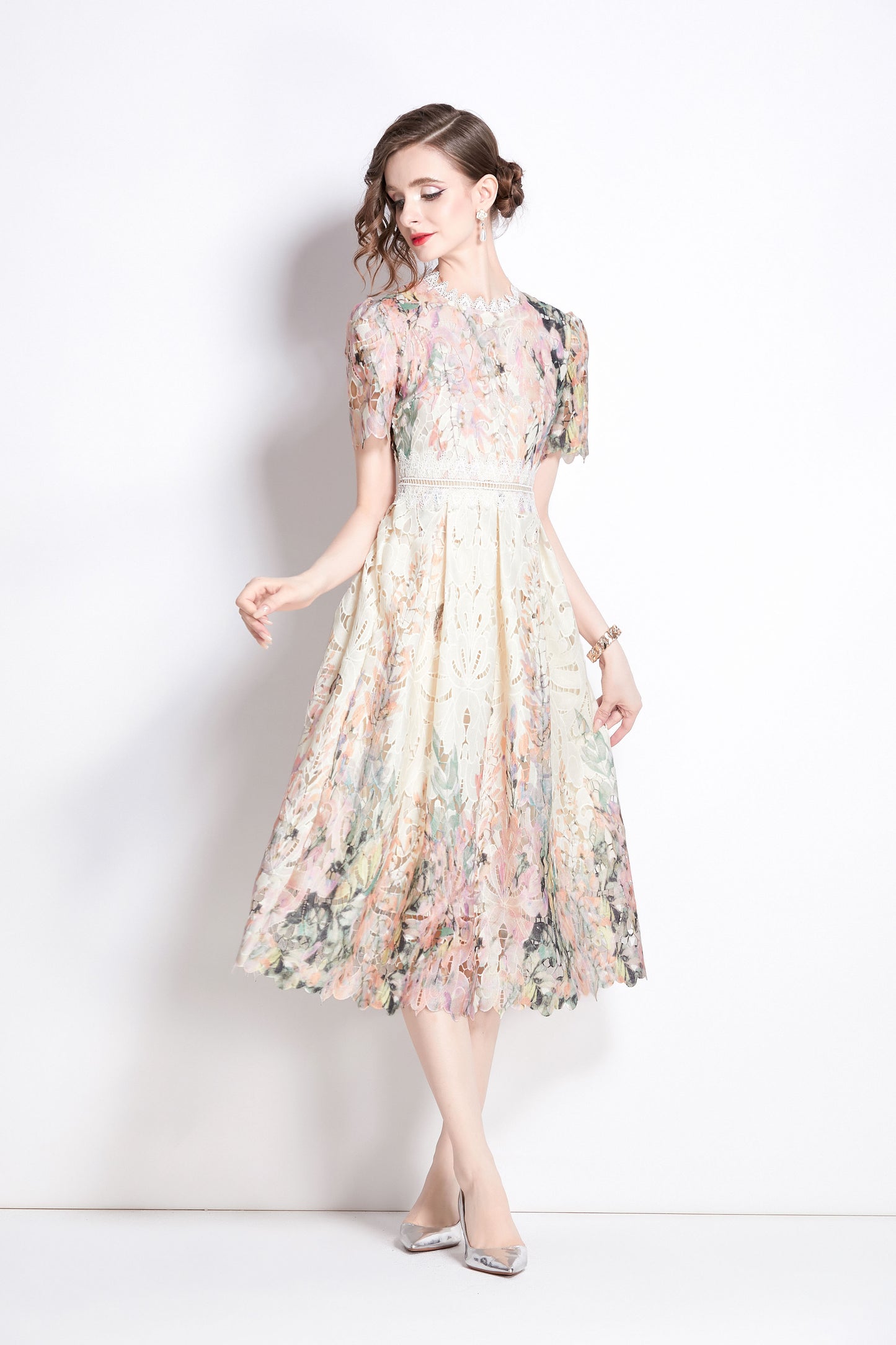 BK-Lace Floral Short Sleeve Crochet Waist Cocktail Midi Dress - LAI MENG FIVE CATS