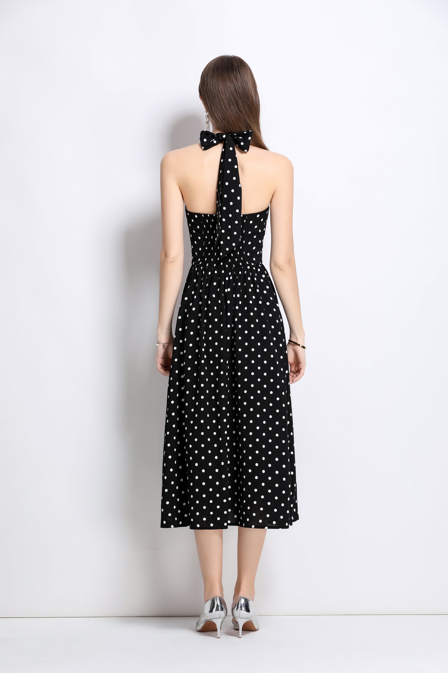 Women's Polka Dot Halter V Neck Backless Midi Dress