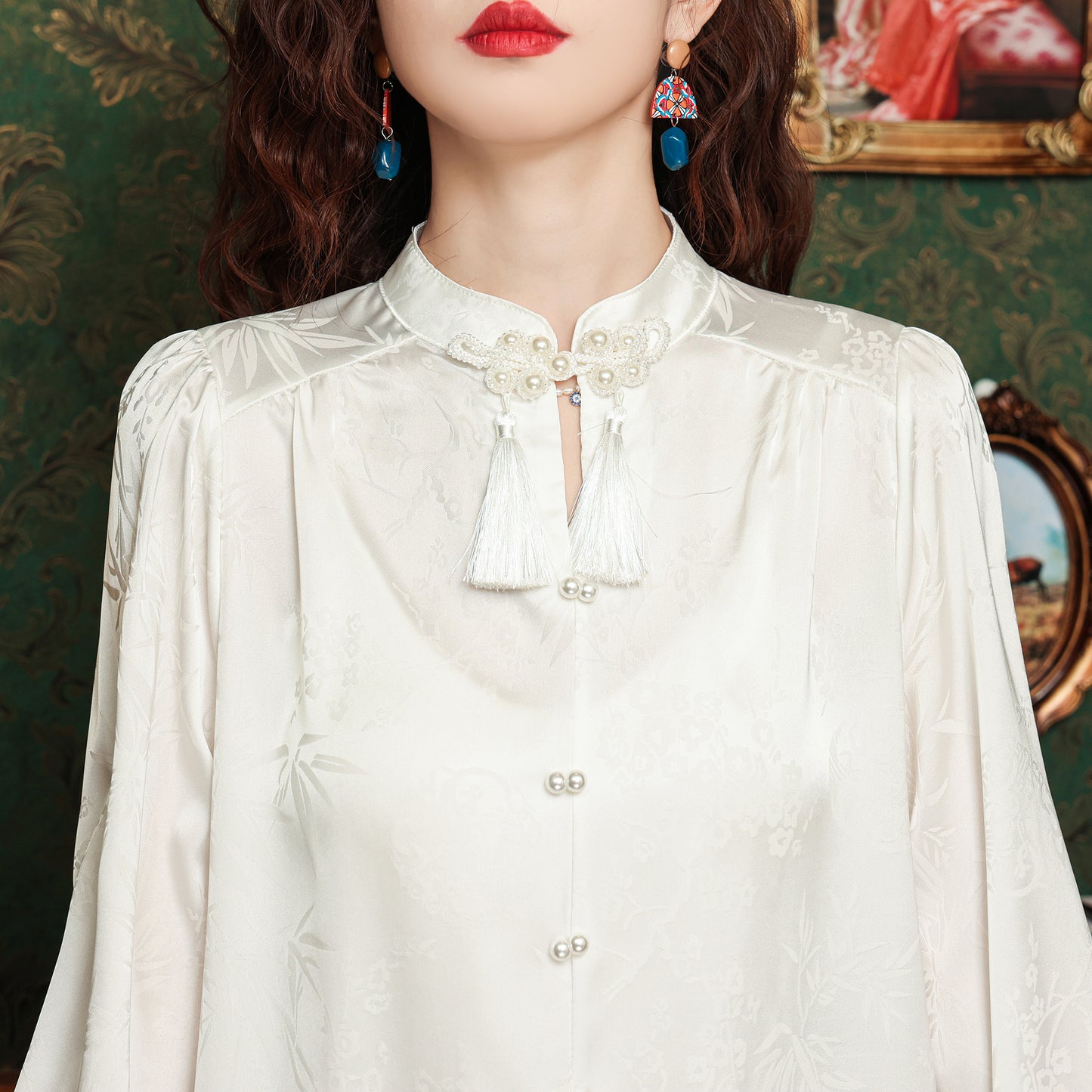Women's Silk Satin Pearl Jacquard Blouse Top