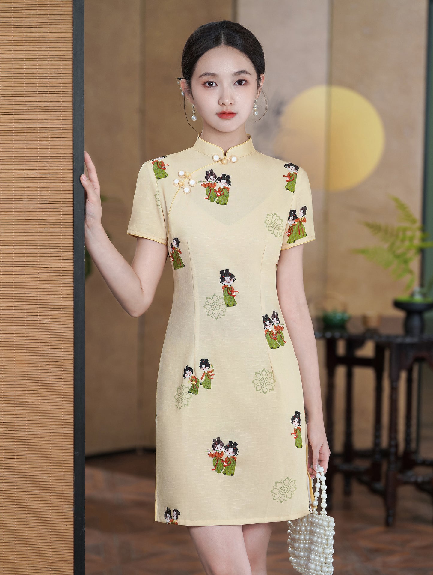 Women's Cheongsam Print Short Sleeve Mini Dress