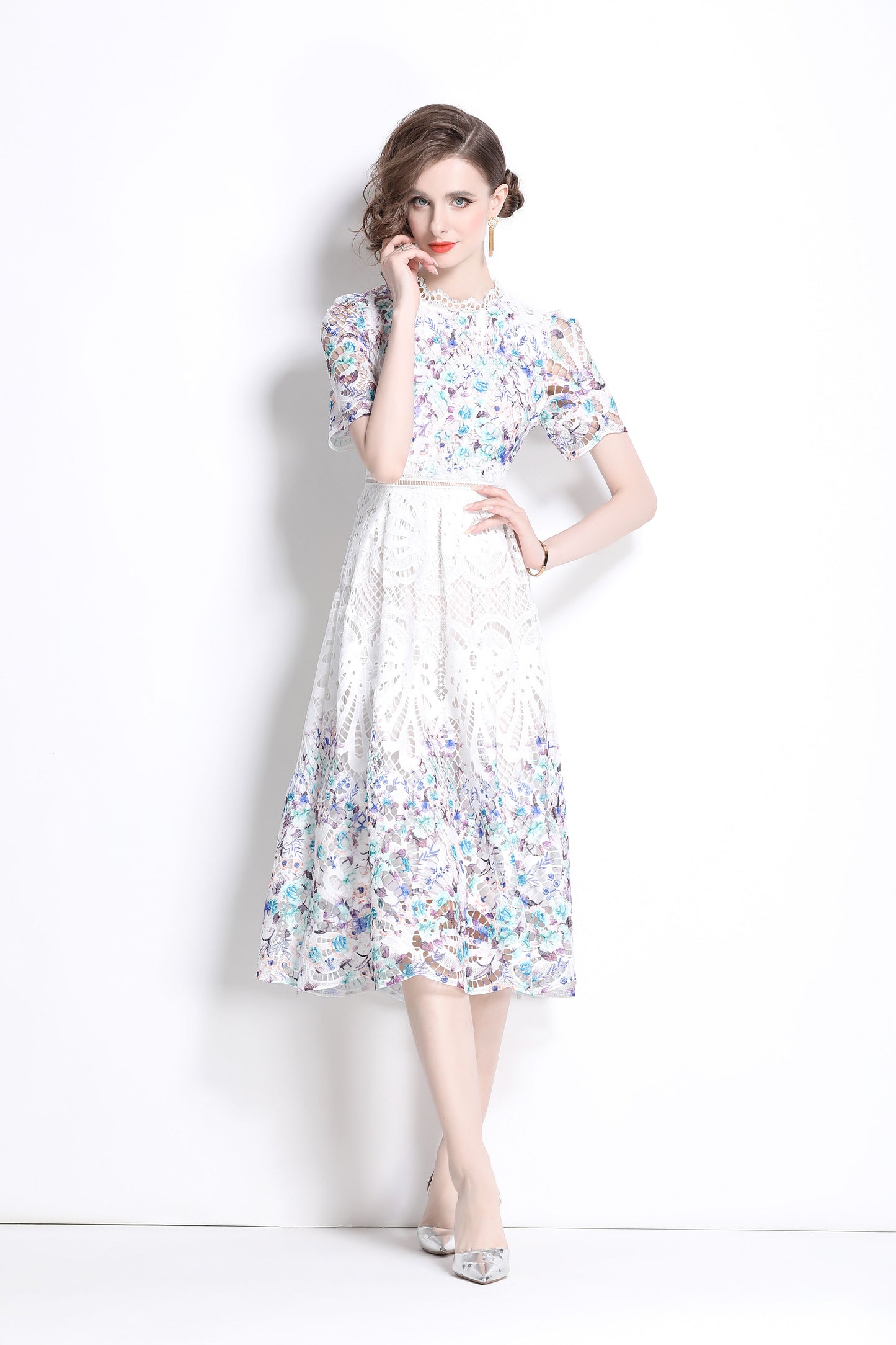 Women's Lace Floral Short Sleeve Crochet Waist Cocktail Midi Dress - LAI MENG FIVE CATS