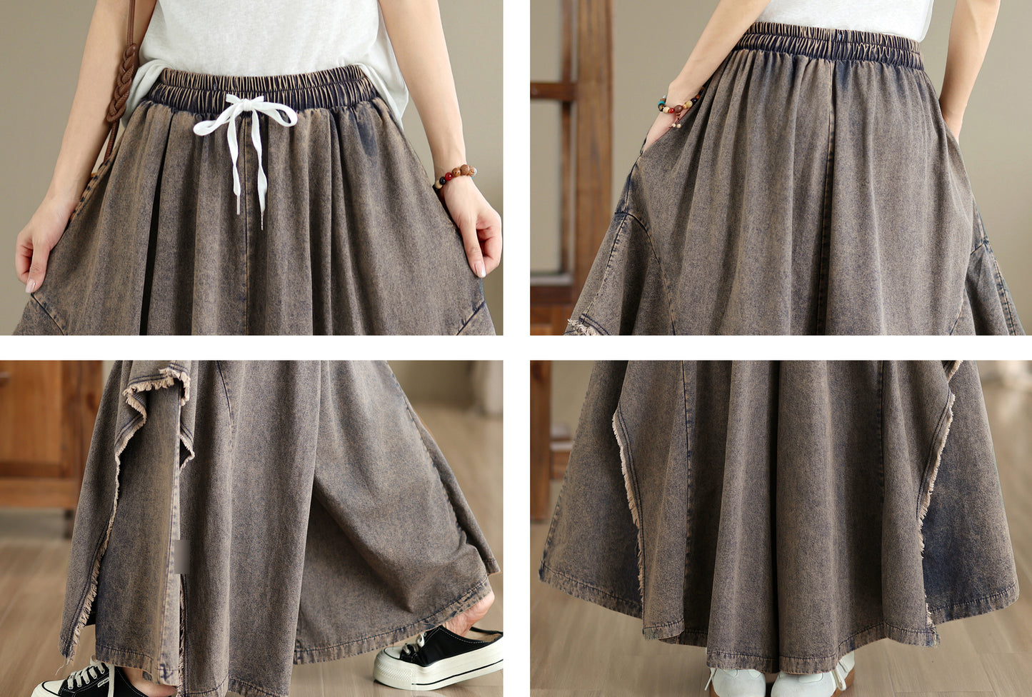 Women Loose Denim Skirt Pants Baggy Elastic Waist Casual Wide Leg Jeans - LAI MENG FIVE CATS
