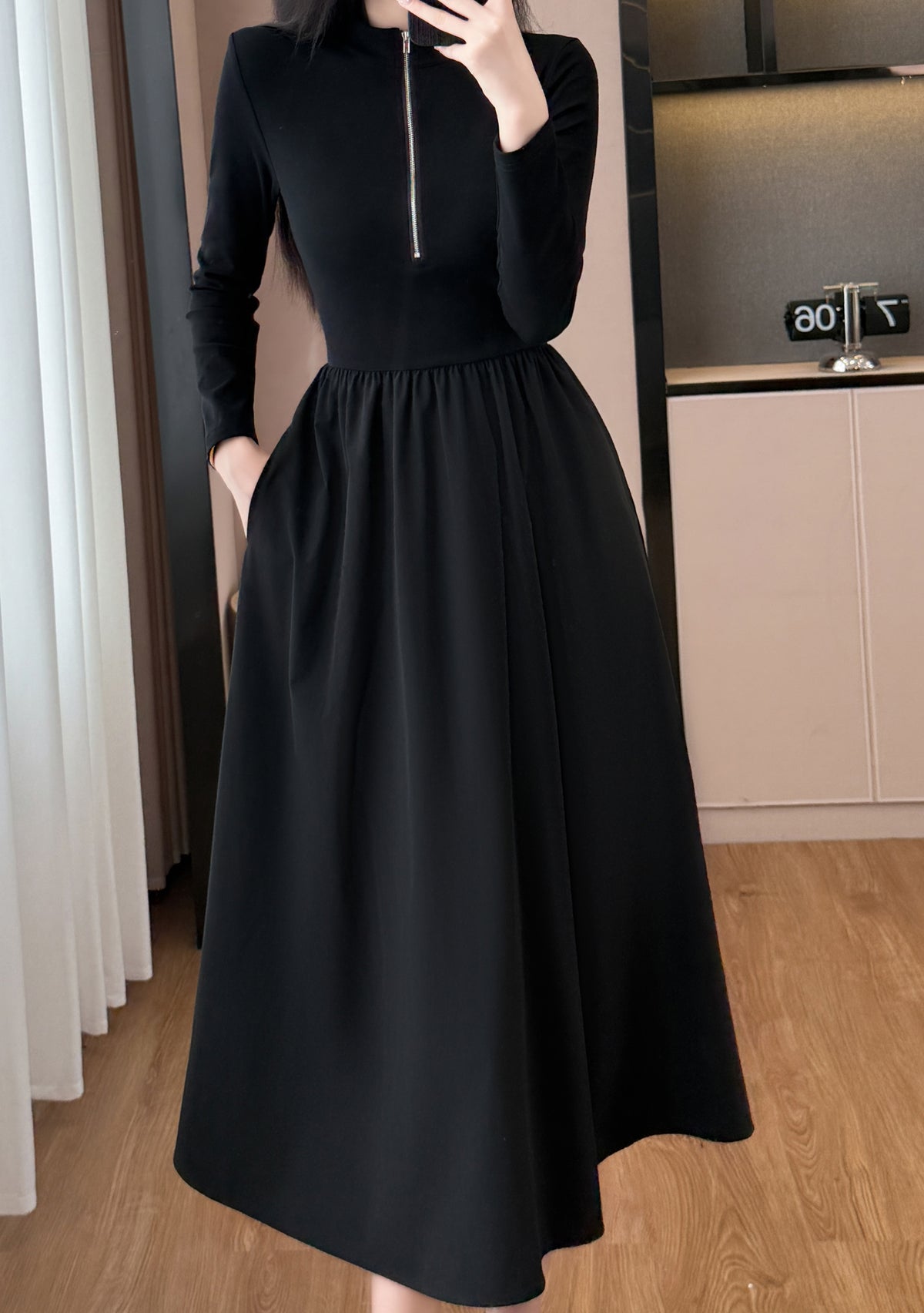 28665-Black Zip-Front Midi Dress – Stretch Knit Layered Look