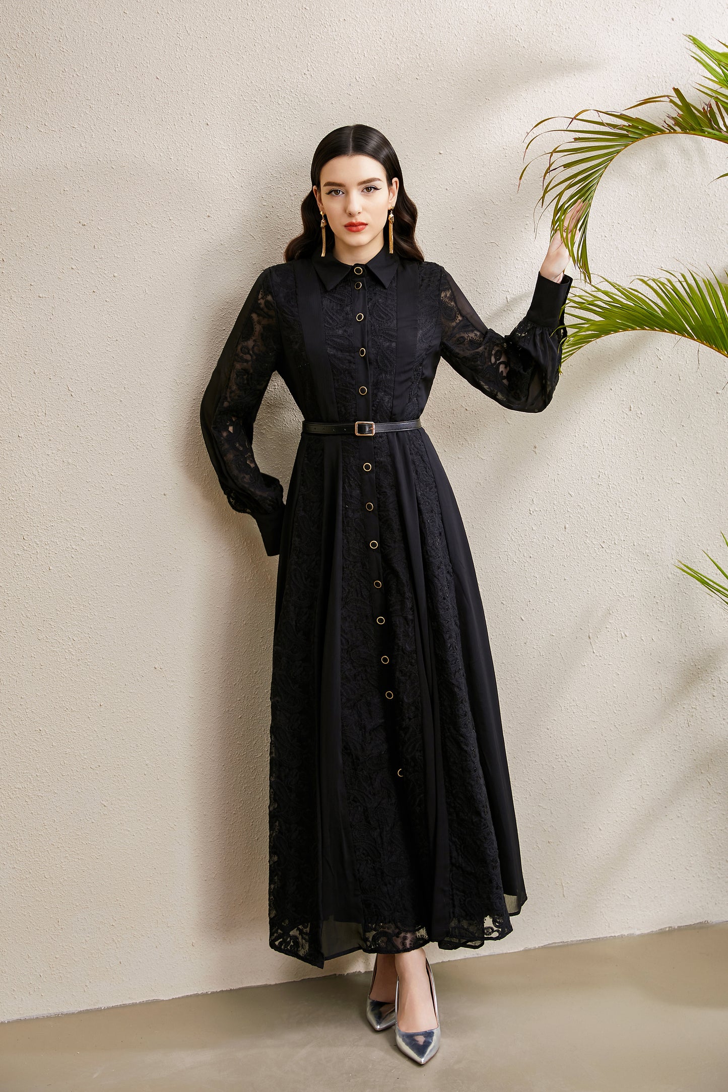 Women's Floral Print Lace Puff Sleeve Maxi Dress