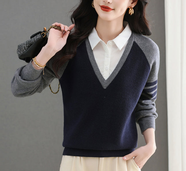 Women's V-Neck Pullover Top Striped Contrast Blouse